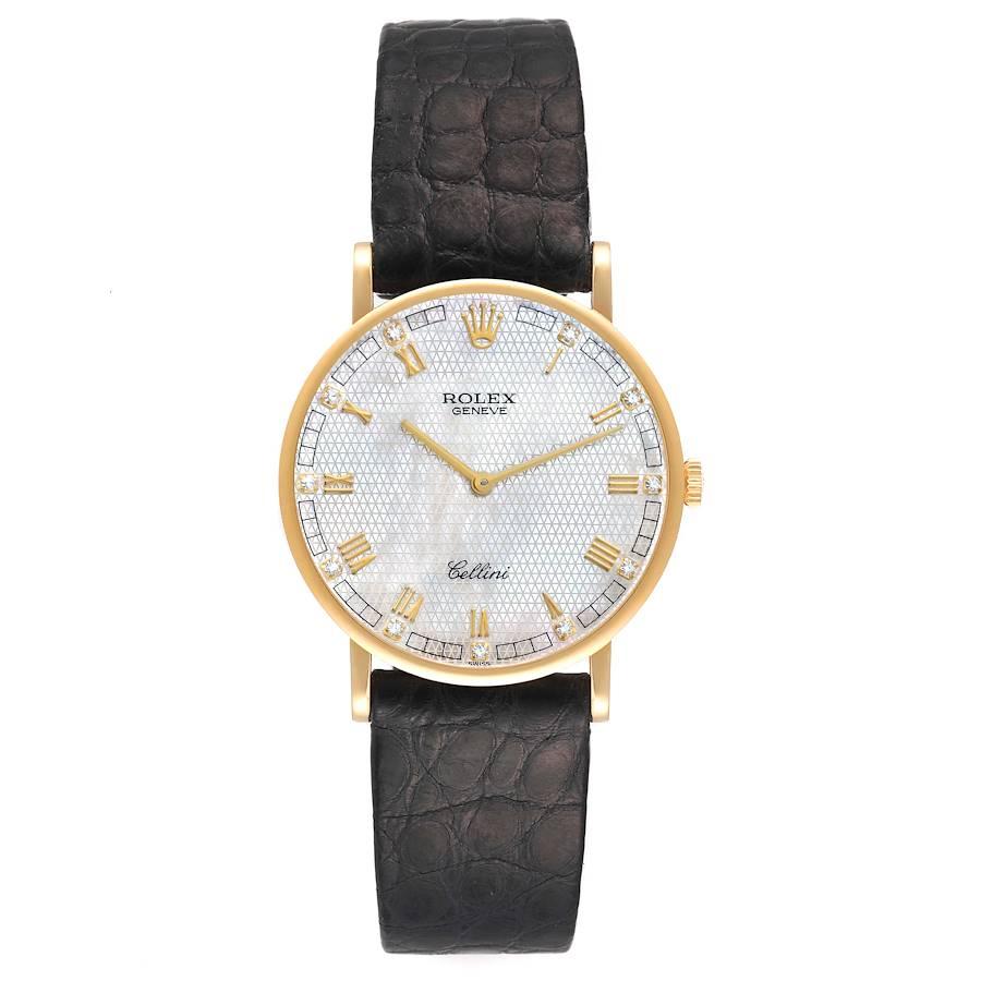 Rolex Cellini Classic Yellow Gold MOP Diamond Dial Ladies Watch 5112. Manual winding movement. 18k yellow gold slim case 32.0 mm in diameter. . Scratch resistant sapphire crystal. Flat profile. Textured mother of pearl dial with raised gold roman