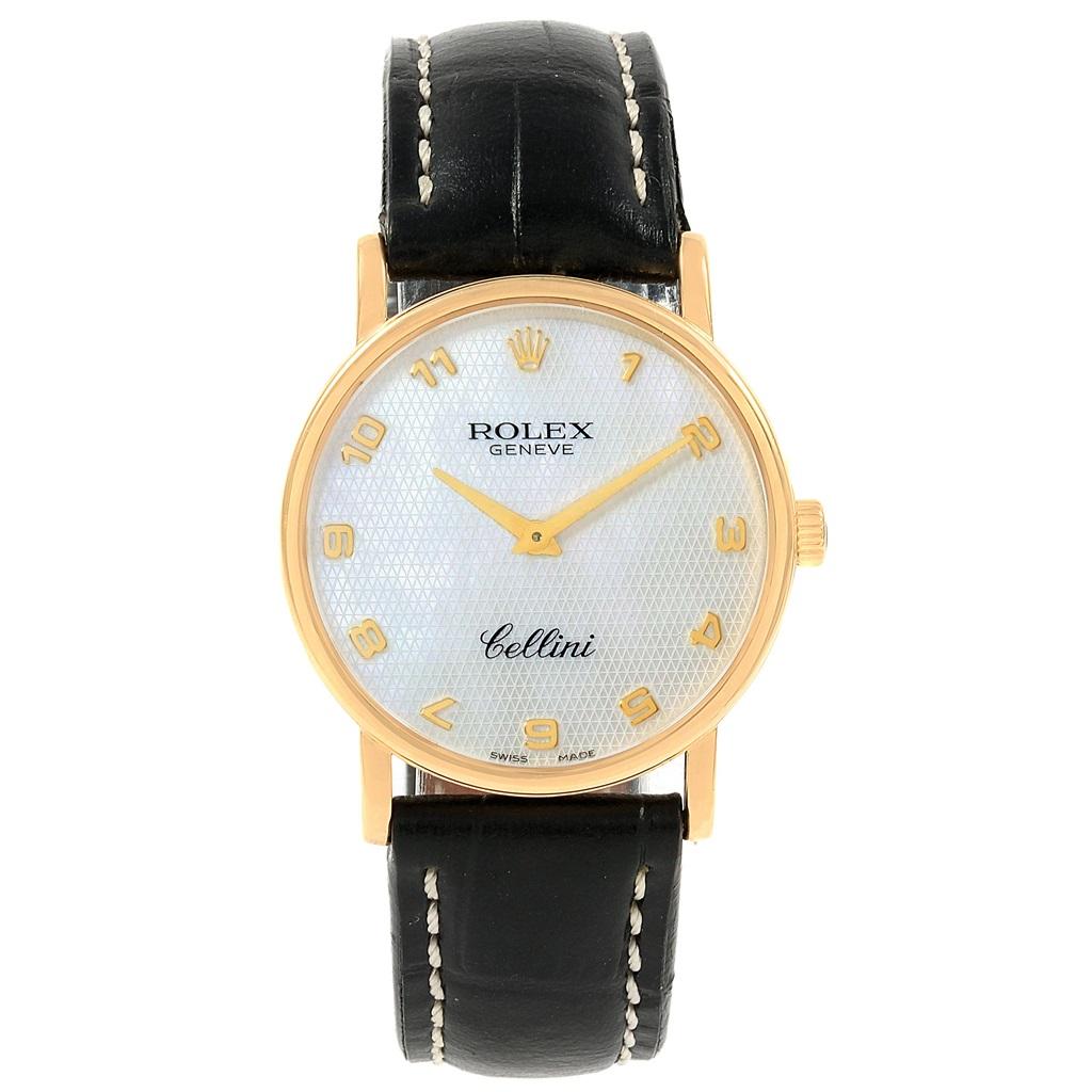 Rolex Cellini Classic Yellow Gold Mother of Pearl Dial Black Strap Watch 5115 7