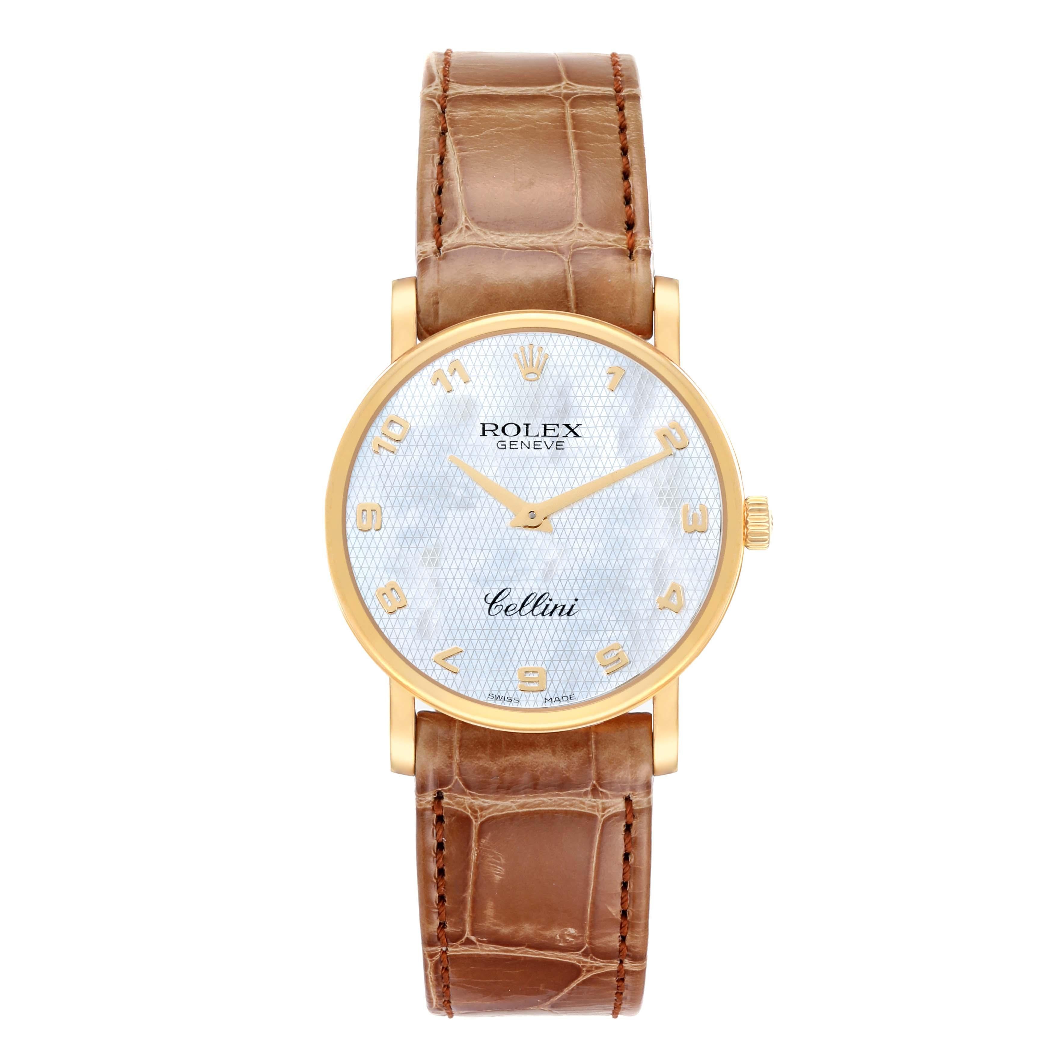 Rolex Cellini Classic Yellow Gold Mother Of Pearl Dial Mens Watch 5115 Unworn. Manual winding movement. 18k yellow gold slim case 31.8 x 5.5 mm in diameter. Rolex logo on the crown. . Scratch resistant sapphire crystal. Flat profile. Textured mother