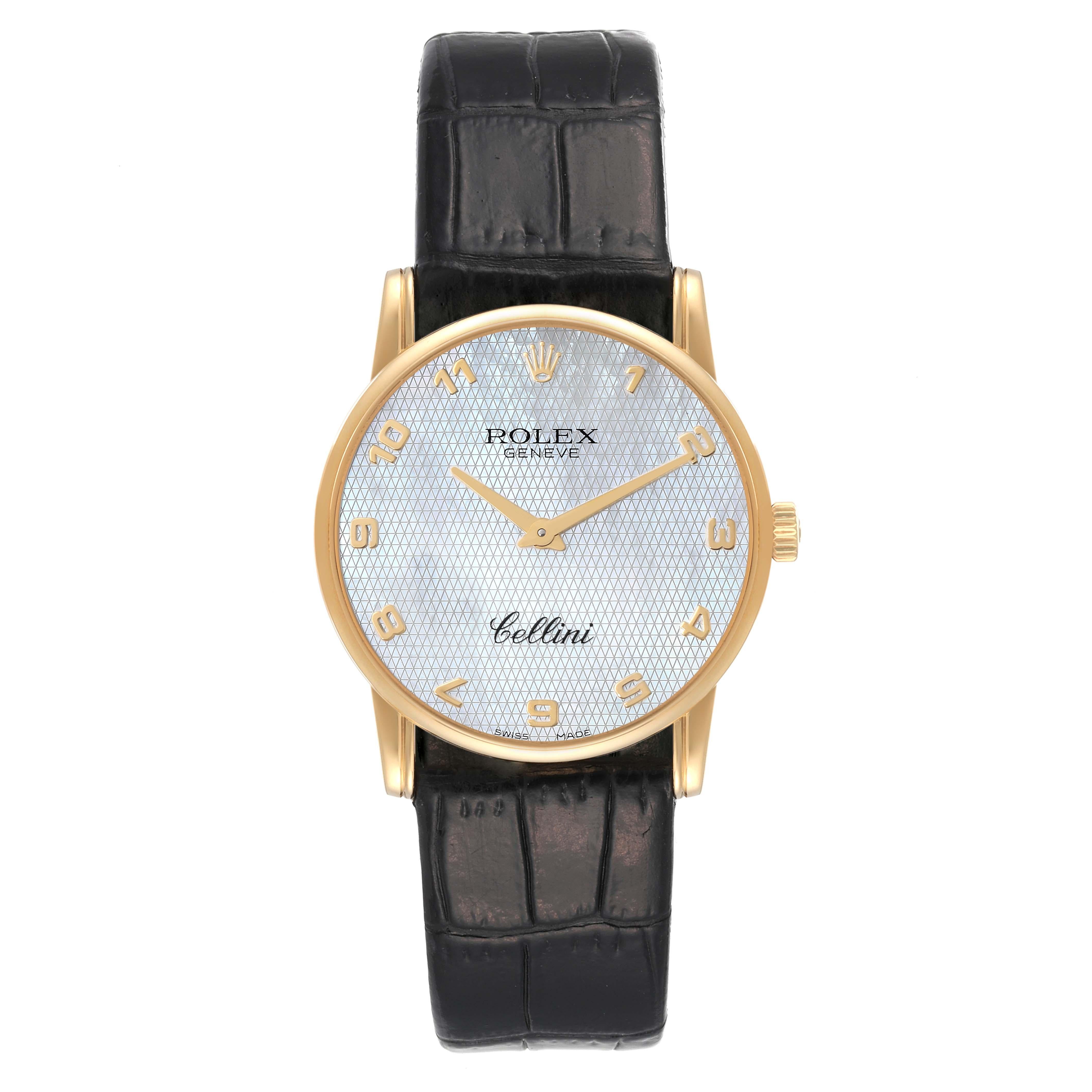 Rolex Cellini Classic Yellow Gold Mother of Pearl Dial Mens Watch 5116 Card. Manual winding movement. 18k yellow gold slim case 31.8 x 5.5 mm in diameter. Rolex logo on a crown. . Scratch resistant sapphire crystal. Flat profile. Textured mother of