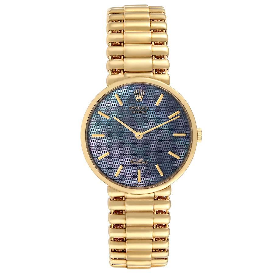 Rolex Cellini Classic Yellow Gold Mother of Pearl Dial Mens Watch 5162. Manual winding movement. 18k yellow gold slim case 31.8 x 5.5 mm in diameter. Rolex logo on a crown. . Scratch resistant sapphire crystal. Flat profile. Blue textured mother of