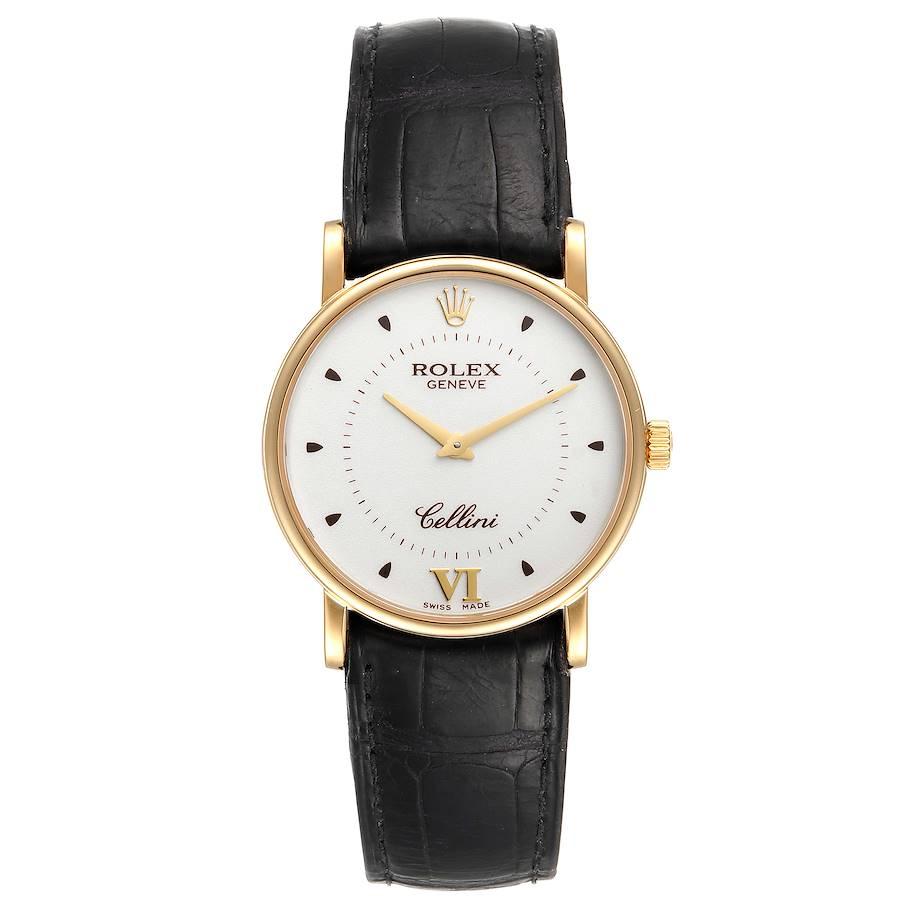 Rolex Cellini Classic Yellow Gold Silver Dial Black Strap Mens Watch 5115. Manual winding movement. 18K yellow gold slim case 31.8 x 5.5 mm in diameter. Rolex logo on a crown. . Scratch resistant sapphire crystal. Flat profile. Silver dial with