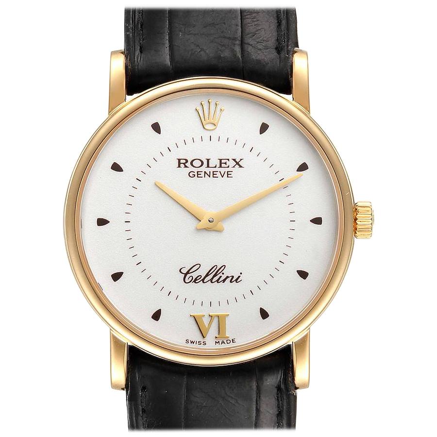 Rolex Cellini Classic Yellow Gold Silver Dial Black Strap Mens Watch 5115 For Sale