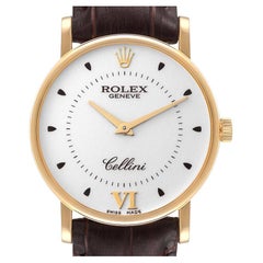 Rolex Montre Cellini classique en or jaune avec cadran argenté et bracelet marron, pour hommes 5115