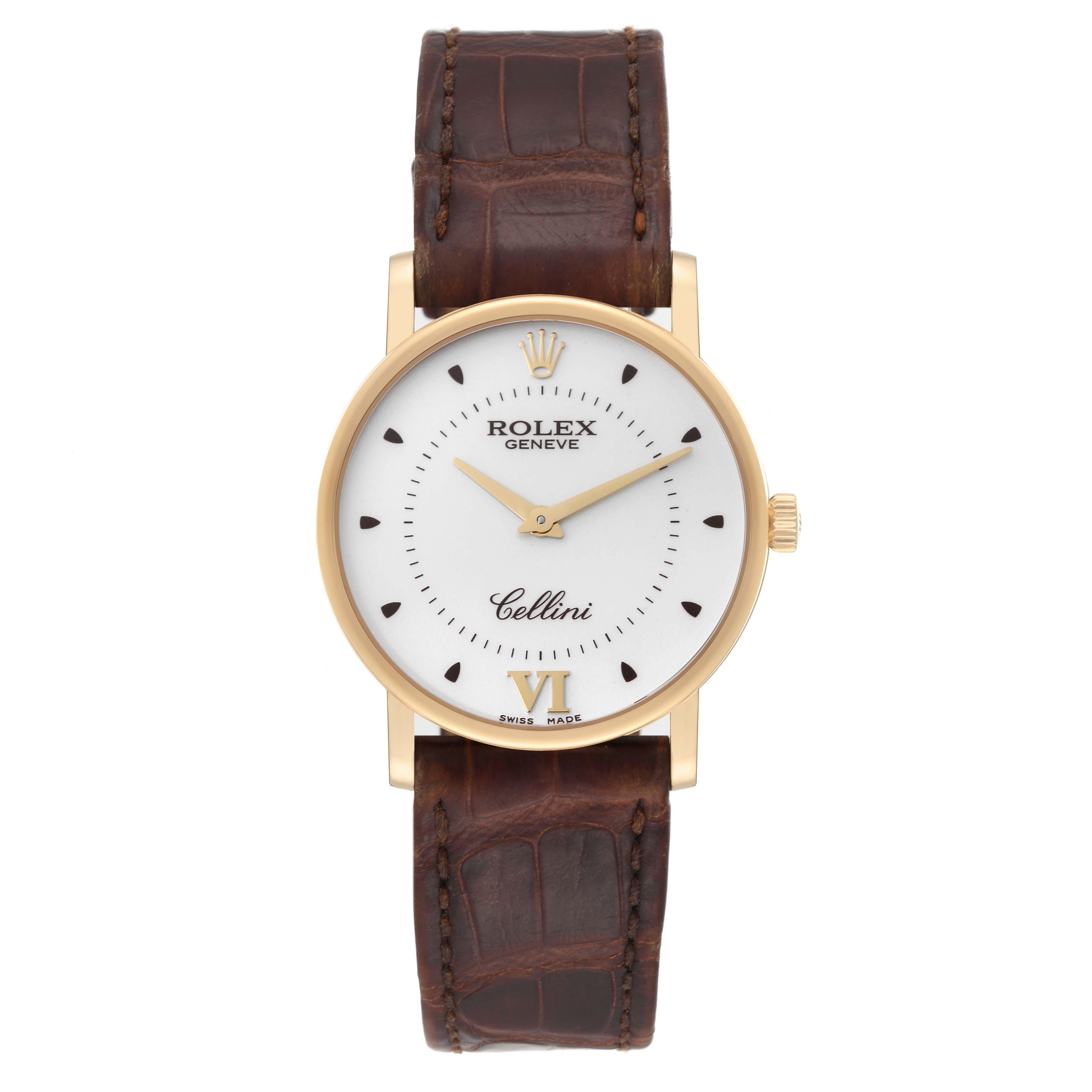 Rolex Cellini Classic Yellow Gold Silver Dial Mens Watch 5115 Card. Manual winding movement. 18K yellow gold slim case 32 mm in diameter. Rolex logo on the crown. . Scratch resistant sapphire crystal. Flat profile. Silver dial with black dot hour