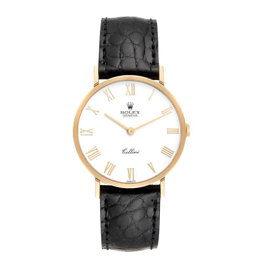 Rolex Cellini Classic Yellow Gold White Dial Mens Watch 4112. Manual winding movement. 18k yellow gold slim case 30.5 mm in diameter. Rolex logo on a crown. . Scratch resistant sapphire crystal. Flat profile. White dial with raised gold roman