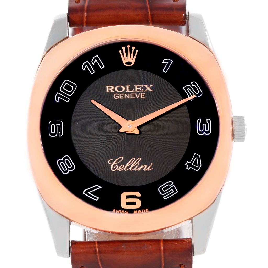 Rolex Cellini Danaos 18k White and Rose Gold Black Dial Watch 4233. Manual winding movement. 18k white and rose gold rounded rectangular case 34.0 mm. Rolex logo on a crown. Scratch resistant sapphire crystal. Black dial with oversized arabic