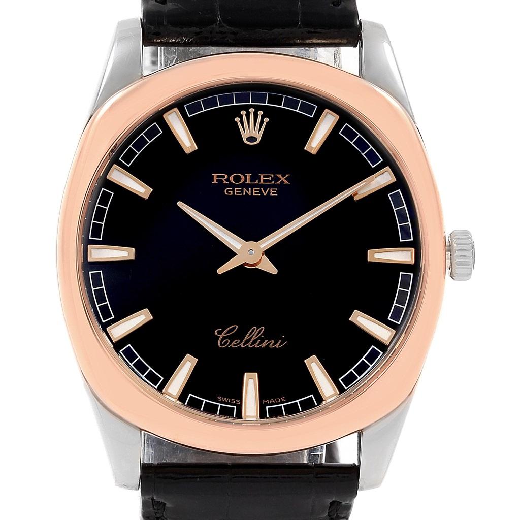 Rolex Cellini Danaos 18k White and Rose Gold Black Dial Watch 4243. Manual winding movement. 18k white gold rounded rectangular case 38.0 mm. Rolex logo on a crown. 18k rose gold fixed bezel. Scratch resistant sapphire crystal. Black dial with