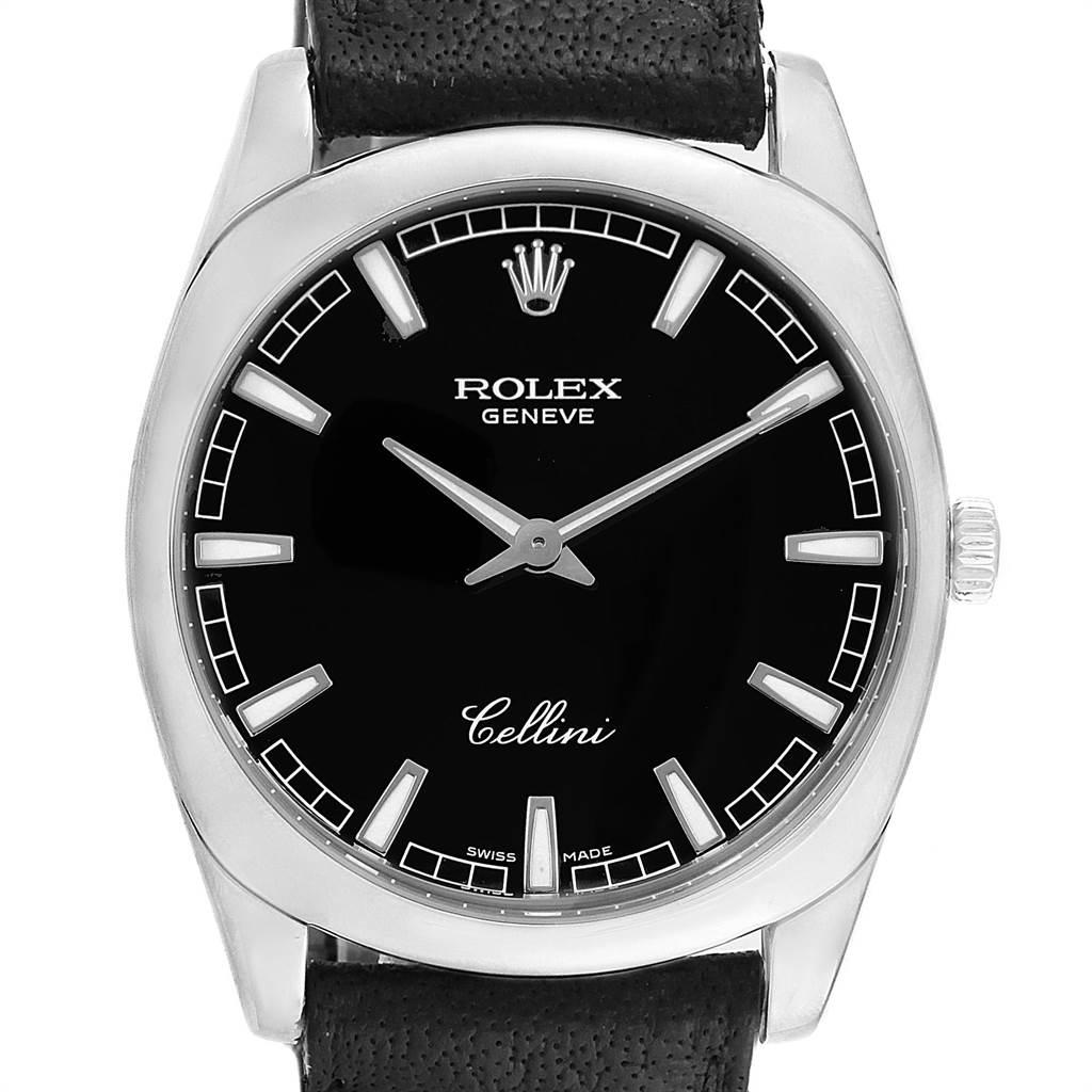 Rolex Cellini Danaos 18k White Gold Black Dial Mens Watch 4243. Manual-winding movement. 18k white gold rounded rectangular case 38.0 mm. Rolex logo on a crown. 18k white gold fixed bezel. Scratch resistant sapphire crystal. Black dial with luminous