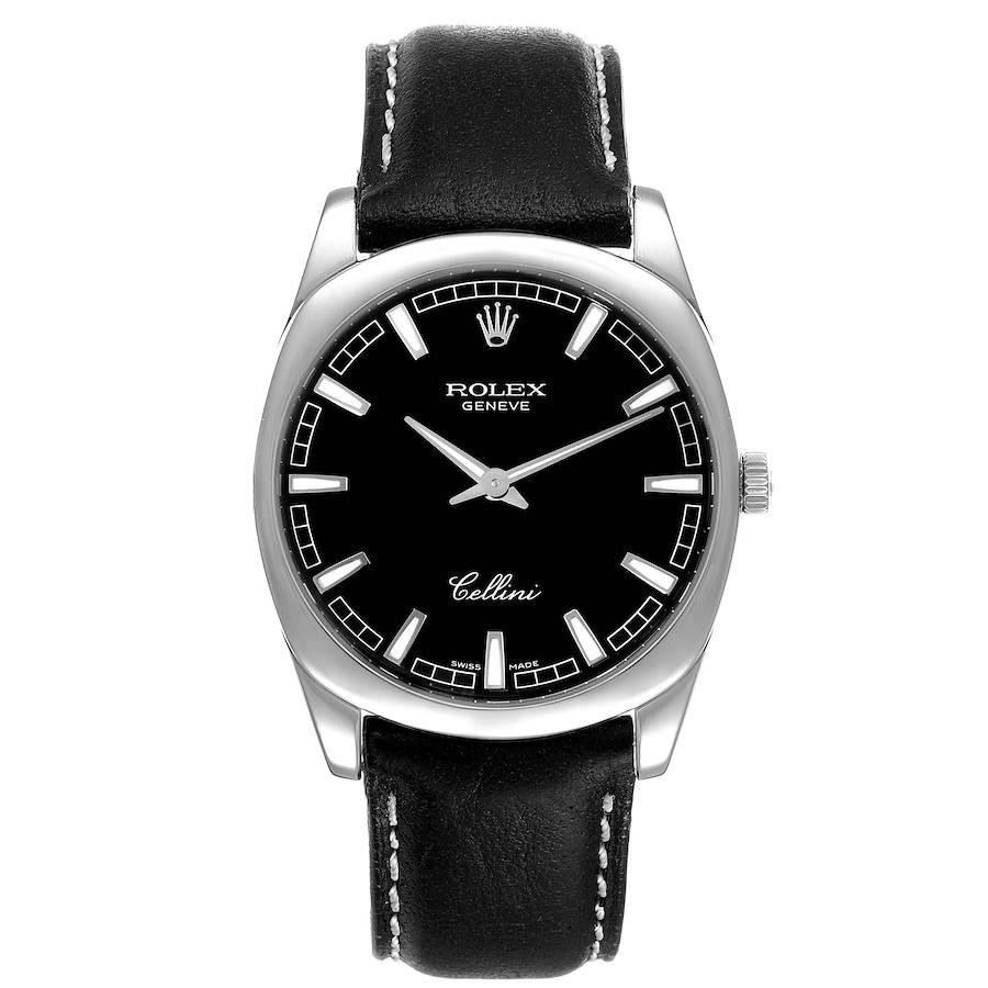 Rolex Cellini Danaos 18k White Gold Black Dial Mens Watch 4243. Manual winding movement. 18k white gold rounded rectangular case 38.0 mm. Rolex logo on a crown. 18k white gold smooth bezel. Scratch resistant sapphire crystal. Black dial with