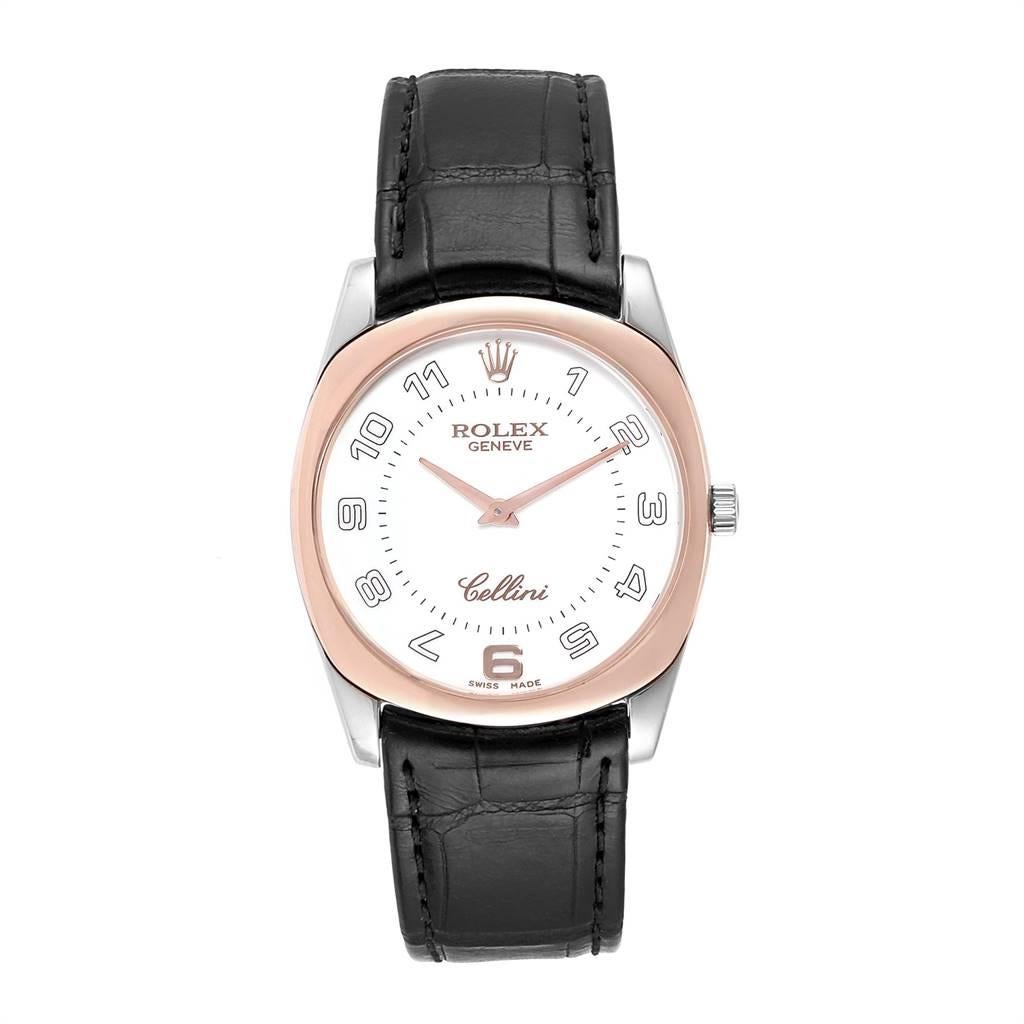 Rolex Cellini Danaos 18K White Rose Gold Black Strap Mens Watch 4233. Manual winding movement. 18k white and rose gold rounded rectangular case 34.0 mm. Rolex logo on a crown. 18K rose gold bezel. Scratch resistant sapphire crystal. White dial with