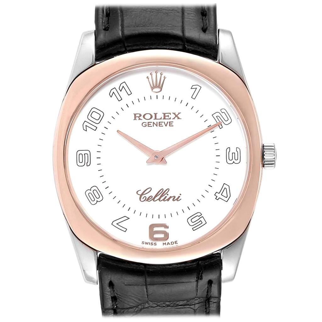 Rolex Cellini Danaos 18 Karat White Rose Gold Black Strap Men's Watch 4233 For Sale