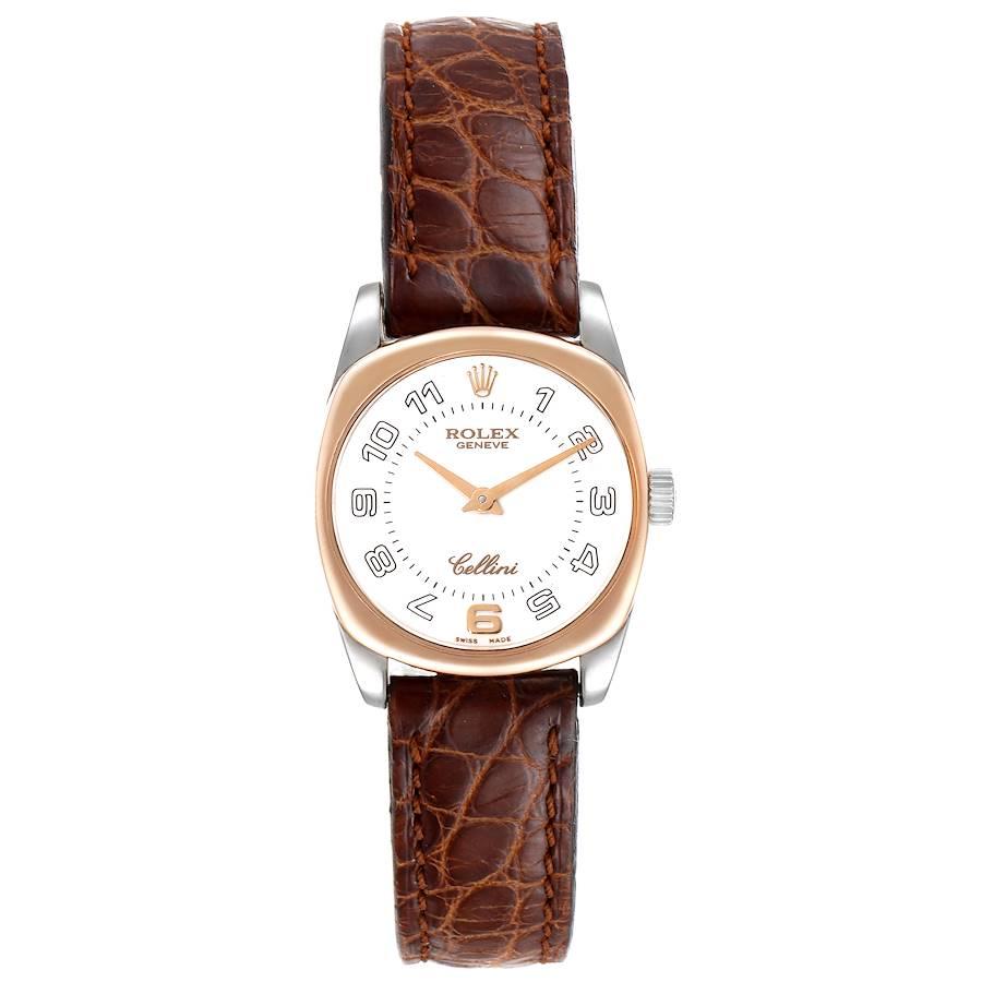 Rolex Cellini Danaos 18K White Rose Gold White Dial Ladies Watch 6229. Quartz movement. 18k white gold rounded rectangular case 26.5 mm. Rolex logo on a crown. 18k rose gold bezel. Scratch resistant sapphire crystal. White dial with painted arabic