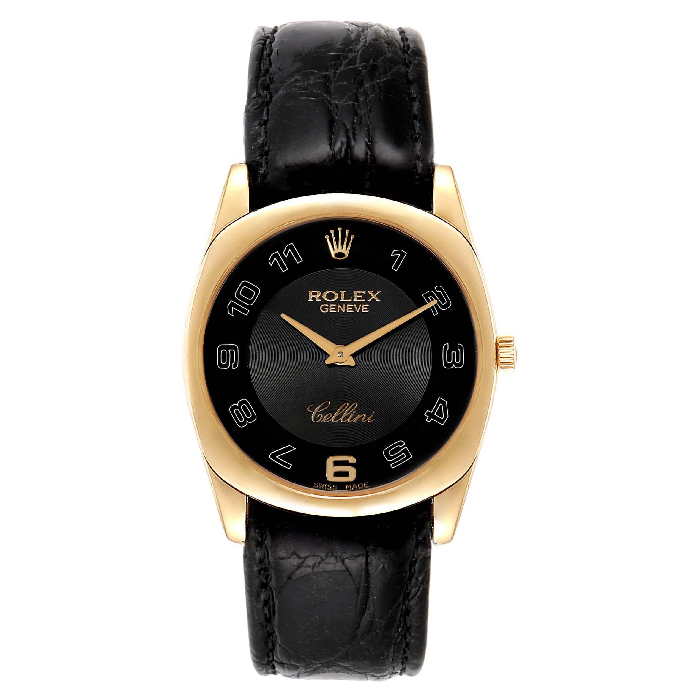 Rolex Cellini Danaos 18K Yellow Gold Black Dial Mens Watch 4233. Manual winding movement. 18k yellow gold rounded rectangular case 34 mm. Rolex logo on a crown. 18k yellow gold bezel. Scratch resistant sapphire crystal. Black dial with oversized