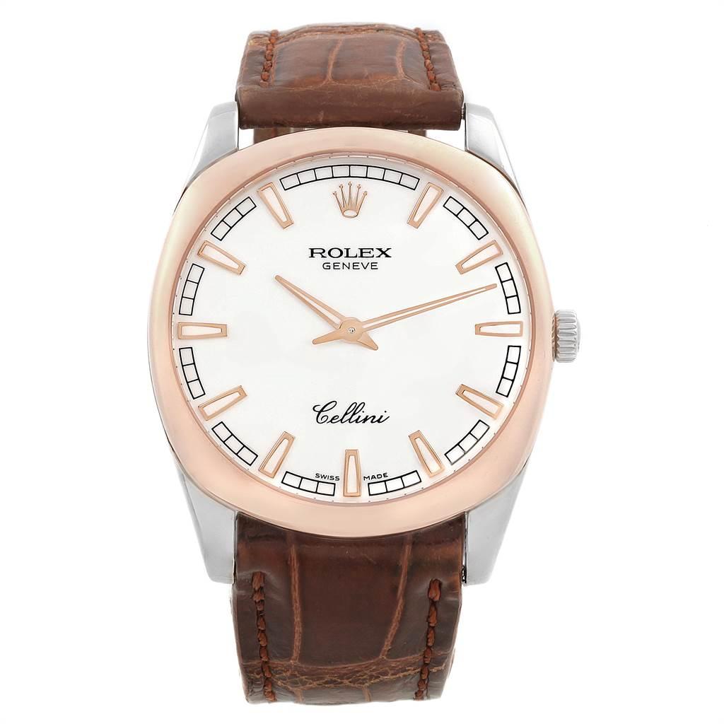 Rolex Cellini Danaos 18k White and Rose Gold Mens Watch 4243. Manual winding movement. 18k white gold rounded rectangular case 38.0 mm. Rolex logo on a crown. 18k rose gold bezel. Scratch resistant sapphire crystal. White dial with arabic numerals