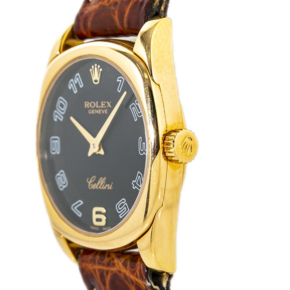 Contemporary Rolex Cellini Danaos 6229 18K Gold Black Dial Lady's Watch with Box&Paper For Sale