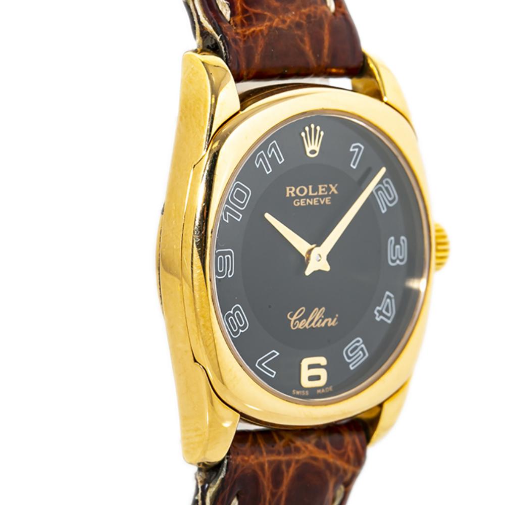 Rolex Cellini Danaos 6229 18K Gold Black Dial Lady's Watch with Box&Paper In Good Condition For Sale In Miami, FL