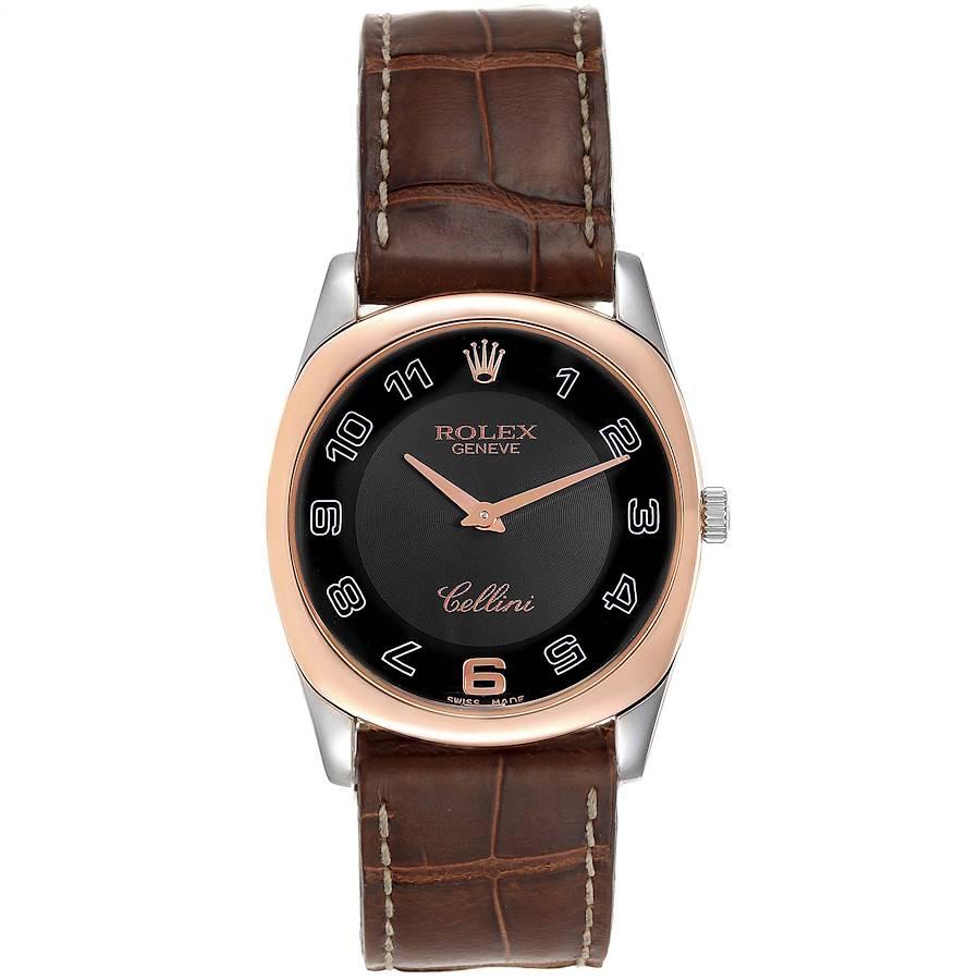 Rolex Cellini Danaos White and Rose Gold Brown Strap Mens Watch 4233. Manual winding movement. 18k white and rose gold rounded rectangular case 34.0 mm. Rolex logo on a crown. . Scratch resistant sapphire crystal. Black dial with oversized arabic