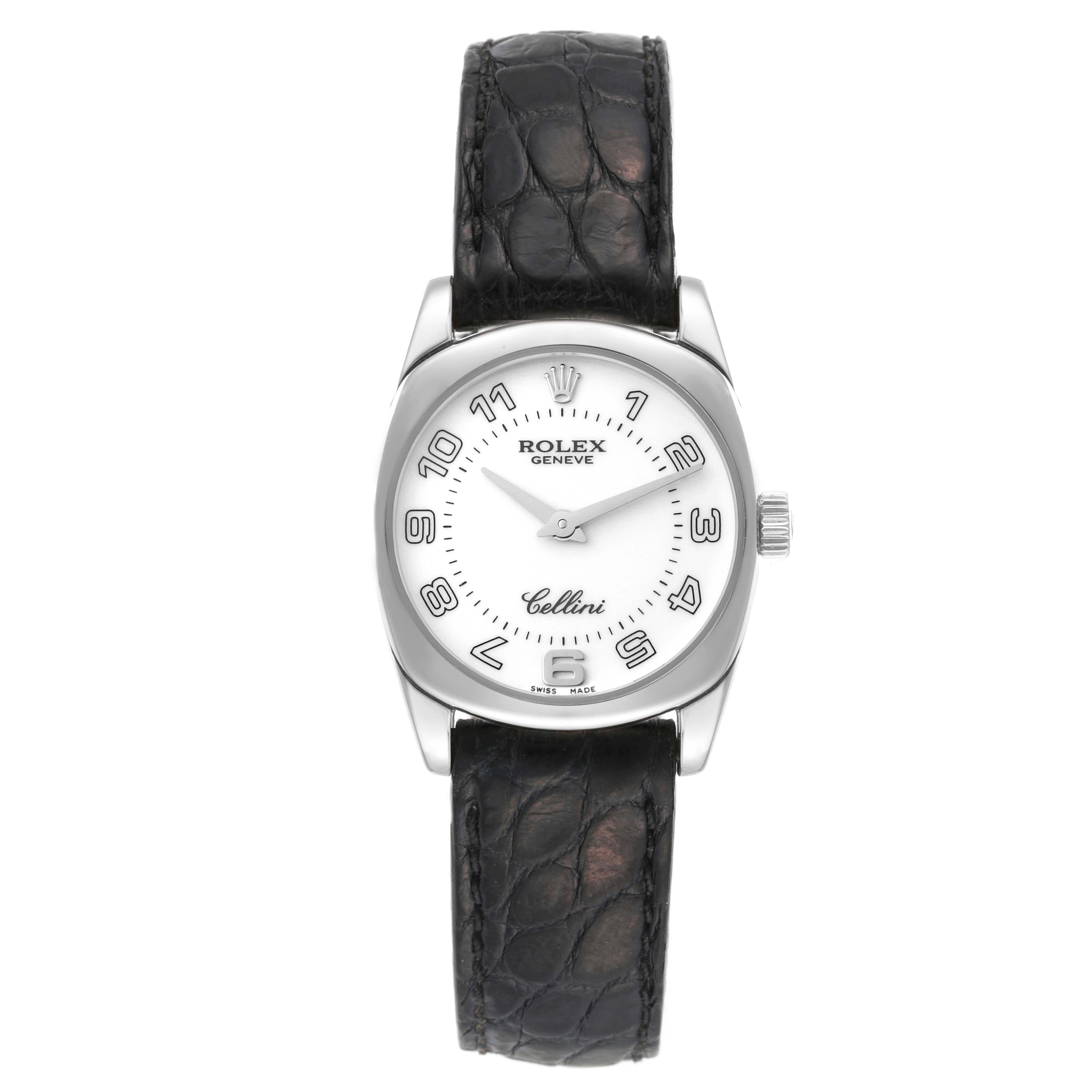 Rolex Cellini Danaos White Gold Black Strap Ladies Watch 6229. Quartz movement. 18k white gold rounded rectangular case 26.5 mm. Rolex logo on a crown. 18k white gold bezel. Scratch resistant sapphire crystal. White dial with Arabic numerals and