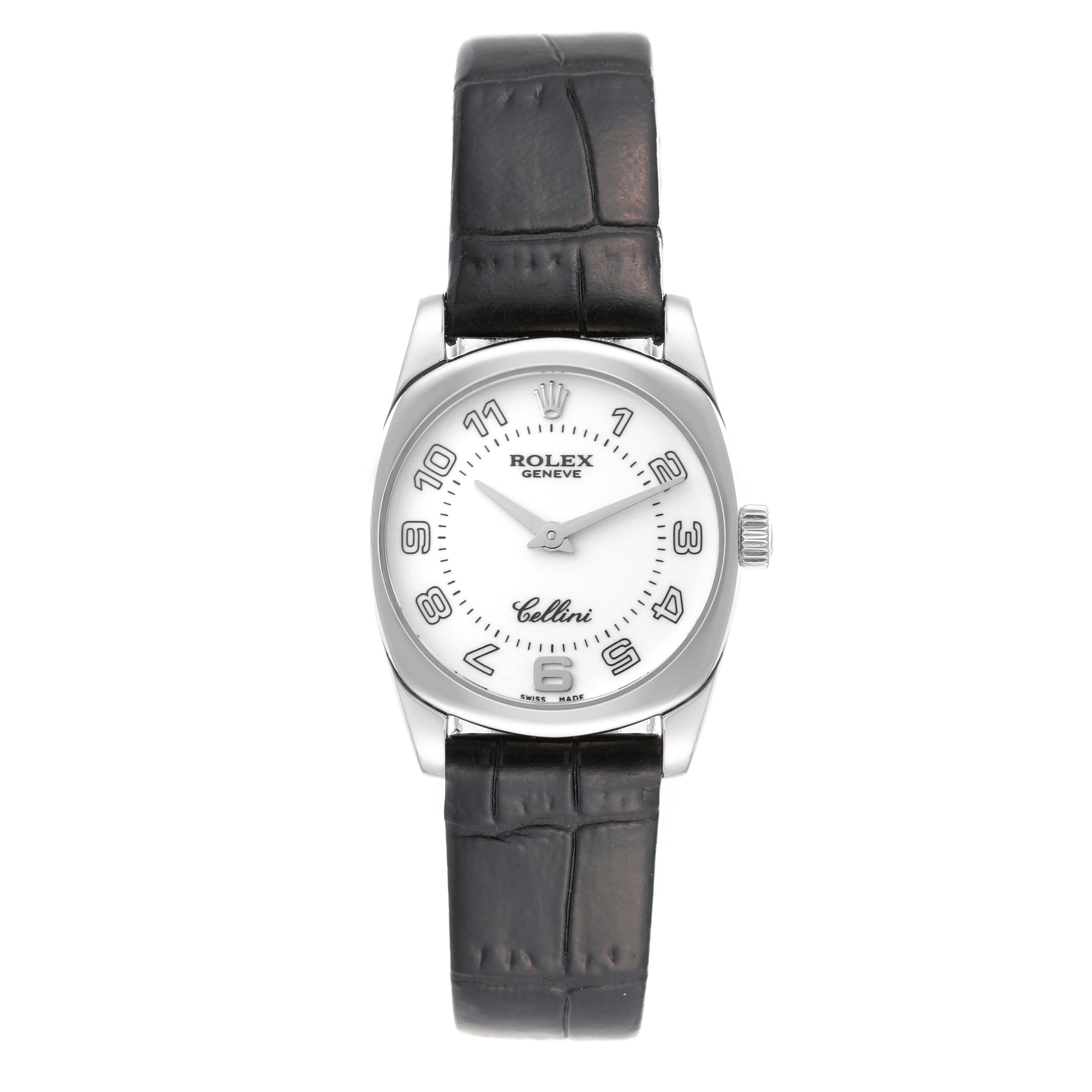 Rolex Cellini Danaos White Gold Black Strap Ladies Watch 6229. Quartz movement. 18k white gold rounded rectangular case 26.5 mm. Rolex logo on the crown. 18k white gold bezel. Scratch resistant sapphire crystal. White dial with Arabic numerals and