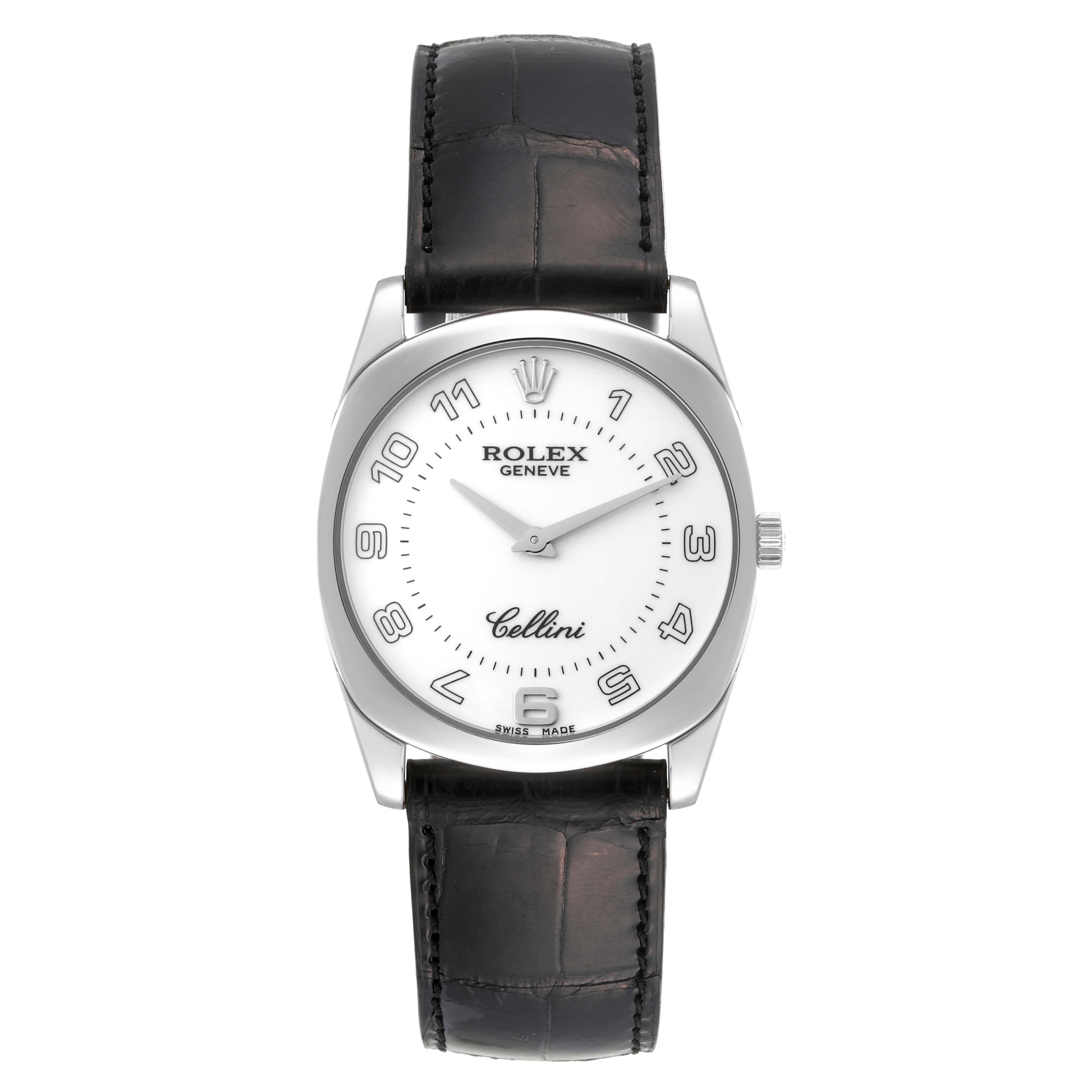 Rolex Cellini Danaos White Gold Black Strap Mens Watch 4233. Manual winding movement. 18k white gold cushion shaped case 34.0 mm. Rolex logo on a crown. . Scratch resistant sapphire crystal. White dial with oversized Arabic numerals. Black leather