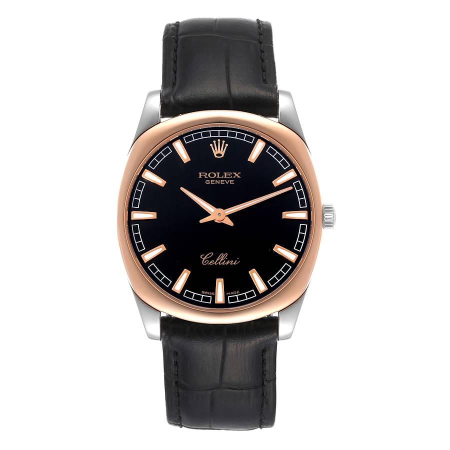 Rolex Cellini Danaos White Gold Rose Gold Black Dial Mens Watch 4243. Manual winding movement. 18k white gold case 38.0 mm in diameter. Rolex logo on the crown. 18k rose gold smooth bezel. Scratch resistant sapphire crystal. Black dial with applied