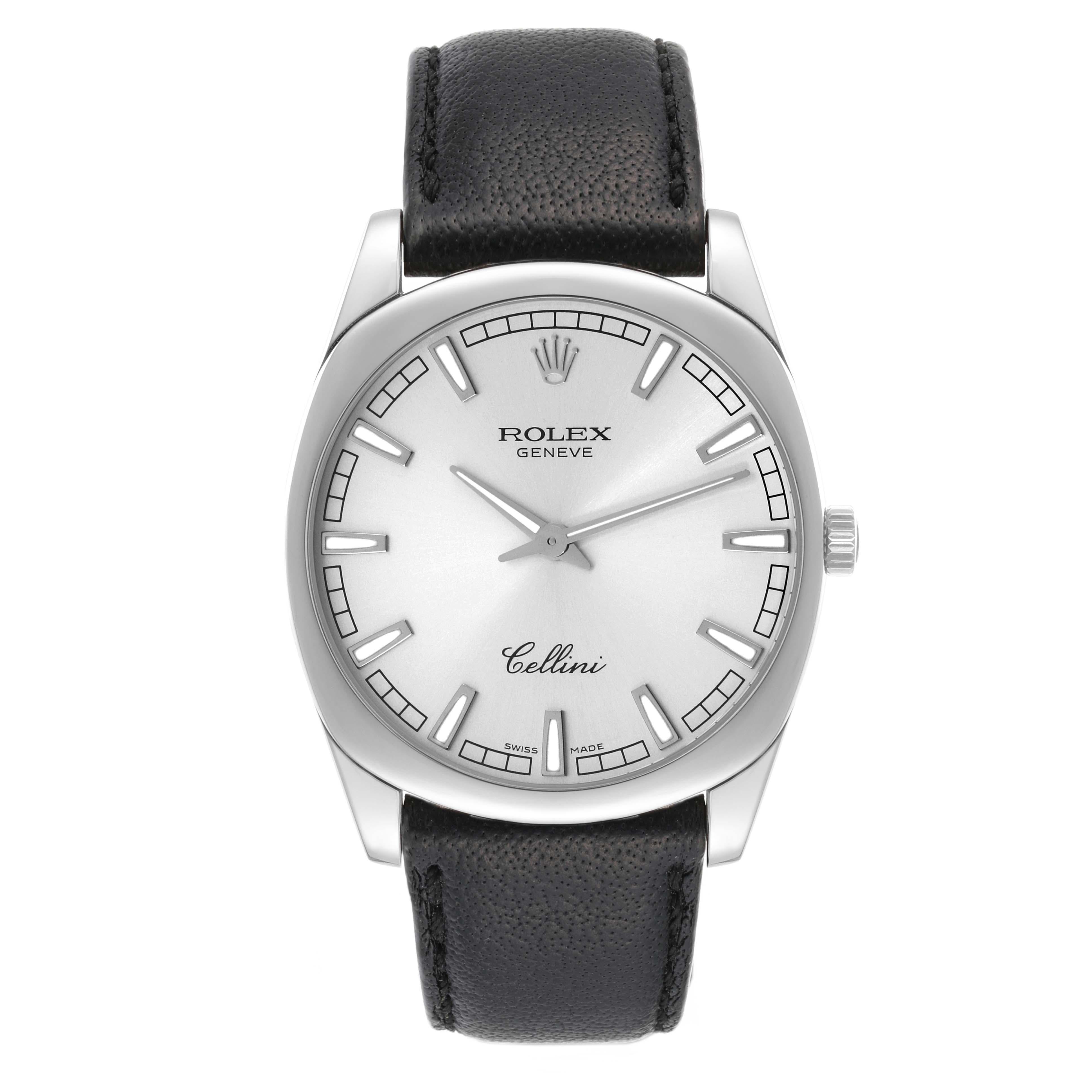 Rolex Cellini Danaos White Gold Silver Dial Mens Watch 4243 Box Card. Manual winding movement. 18k white gold rounded rectangular case 38.0 mm. Rolex logo on a crown. 18k white gold smooth bezel. Scratch resistant sapphire crystal. Silver dial with