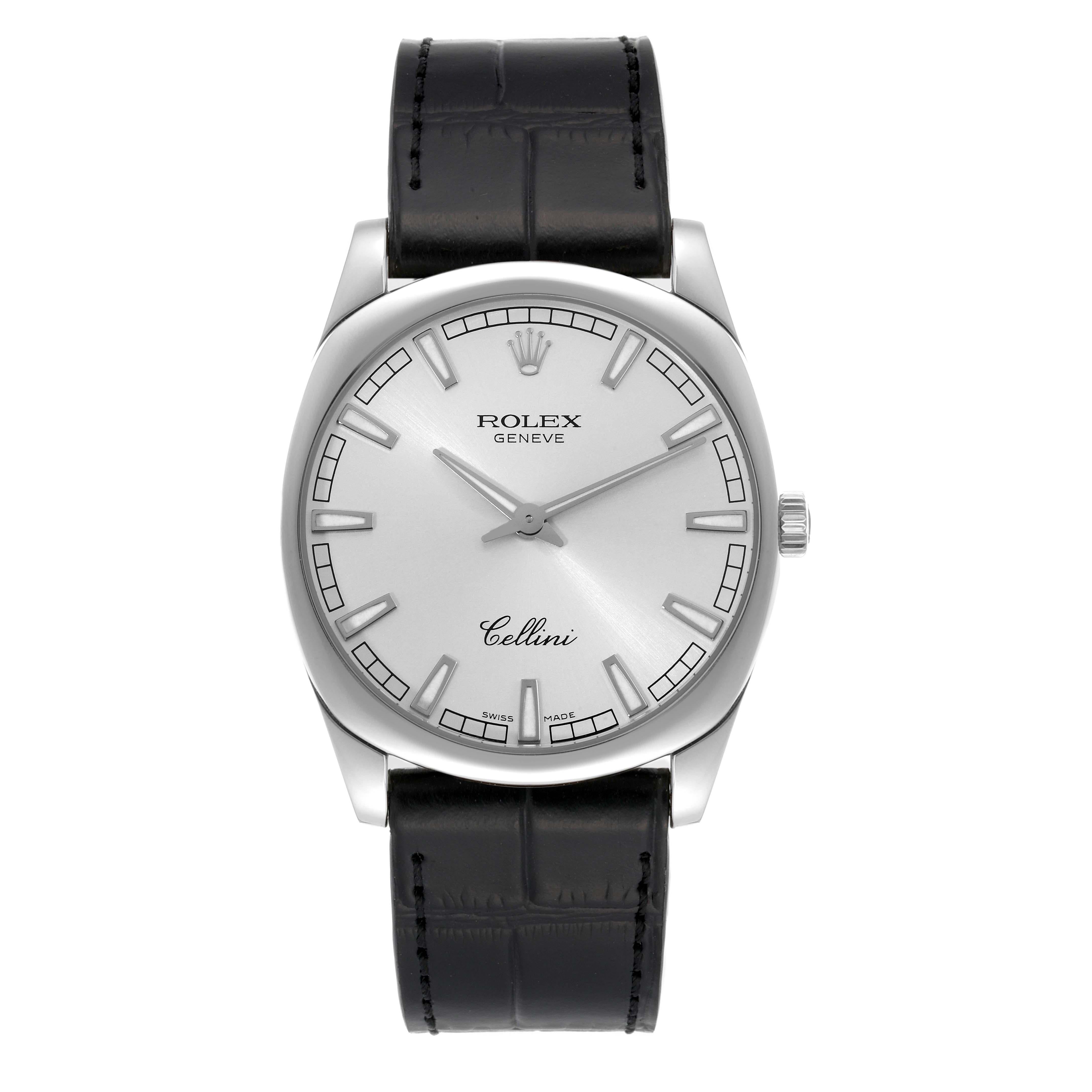 Rolex Cellini Danaos White Gold Silver Dial Mens Watch 4243. Manual winding movement. 18k white gold rounded rectangular case 38.0 mm. Rolex logo on a crown. 18k white gold smooth bezel. Scratch resistant sapphire crystal. Silver dial with luminous