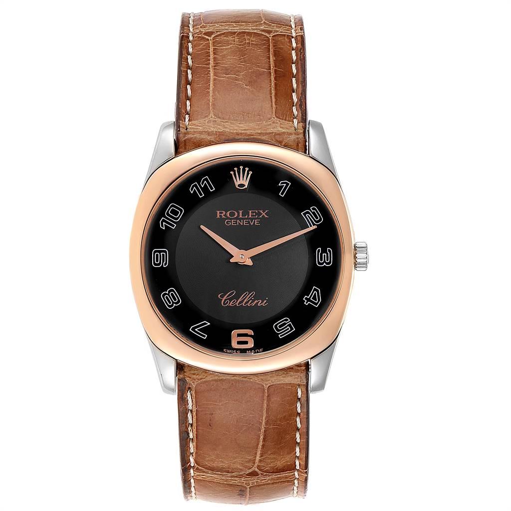 Rolex Cellini Danaos White Rose Gold Mens Watch 4233 Box Papers. Manual winding movement. 18k white and rose gold rounded rectangular case 34.0 mm. Rolex logo on a crown. Scratch resistant sapphire crystal. Black dial with oversized arabic numerals.