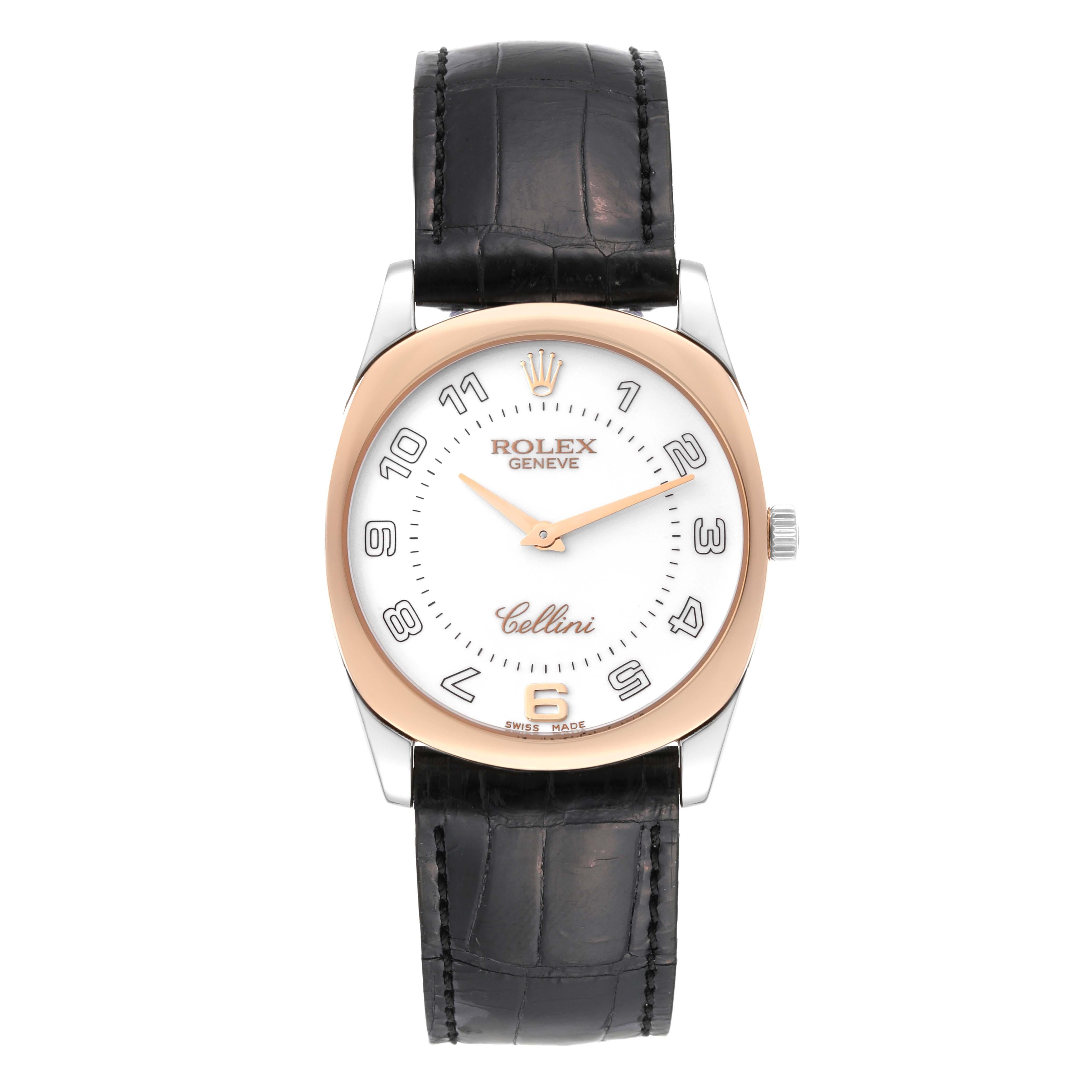 Rolex Cellini Danaos White Rose Gold Mens Watch 4233. Manual winding movement. 18k white and rose gold rounded rectangular case 34.0 mm. Rolex logo on a crown. . Scratch resistant sapphire crystal. White dial with oversized Arabic numeral hour