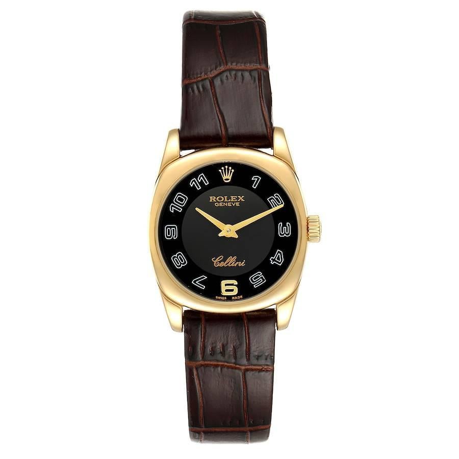 Rolex Cellini Danaos Yellow Gold Black Dial Ladies Watch 6229. Quartz movement. 18k yellow gold rounded rectangular case 26.5 mm. Rolex logo on a crown. 18k yellow gold bezel. Scratch resistant sapphire crystal. Black dial with painted arabic