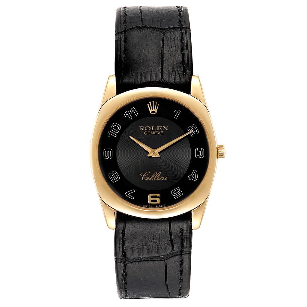 Rolex Cellini Danaos Yellow Gold Black Dial Mens Watch 4233 Papers. Manual winding movement. 18k yellow gold rounded rectangular case 34 mm. Rolex logo on a crown. 18K yellow gold bezel. Scratch resistant sapphire crystal. Black dial with oversized