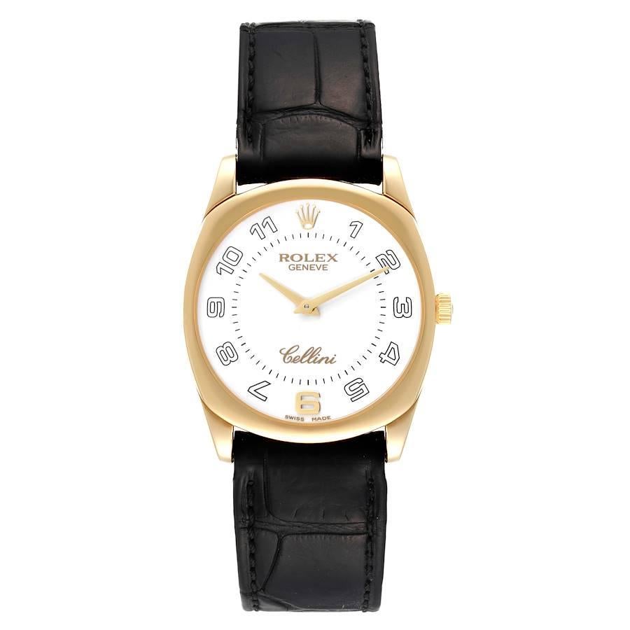 Rolex Cellini Danaos Yellow Gold Black Strap Mens Watch 4233. Manual winding movement. 18k yellow gold rounded rectangular case 34 mm. Rolex logo on a crown. . Scratch resistant sapphire crystal. White dial with oversized arabic numerals. Black