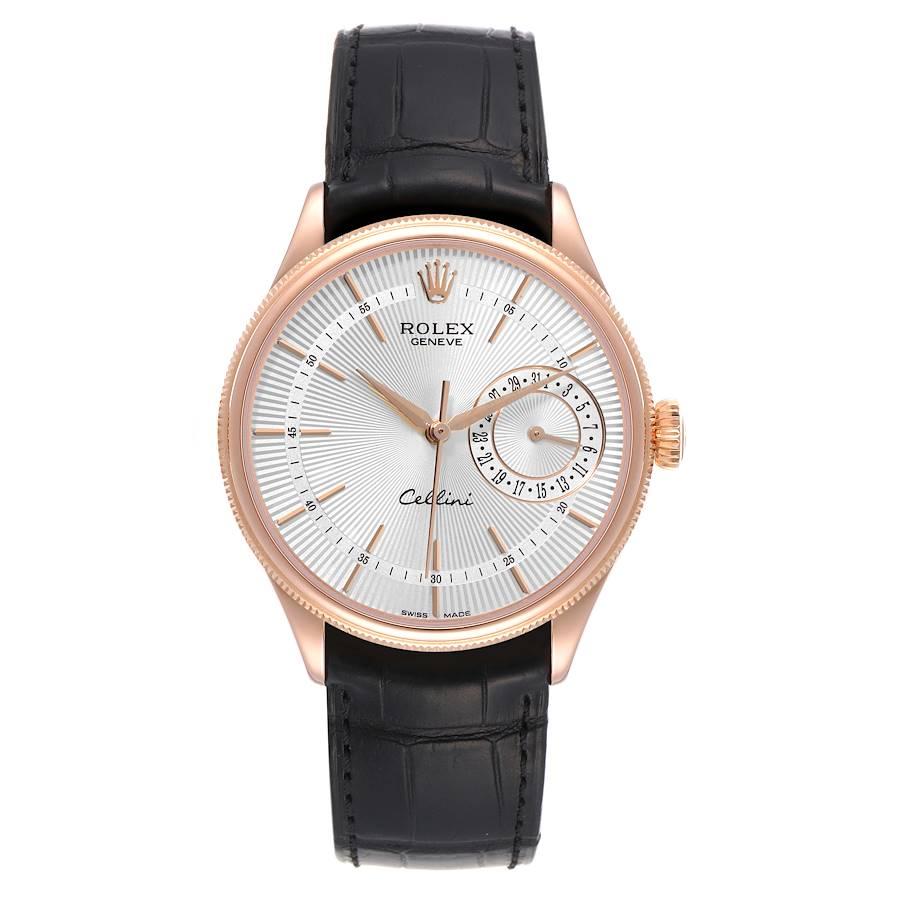 Rolex Cellini Date 18K Everose Gold Silver Dial Mens Watch 50515. Automatic self-winding movement. Officially certified Swiss chronometer (COSC). Paramagnetic blue Parachrom hairspring. Bidirectional self-winding via Perpetual rotor. 18K rose gold