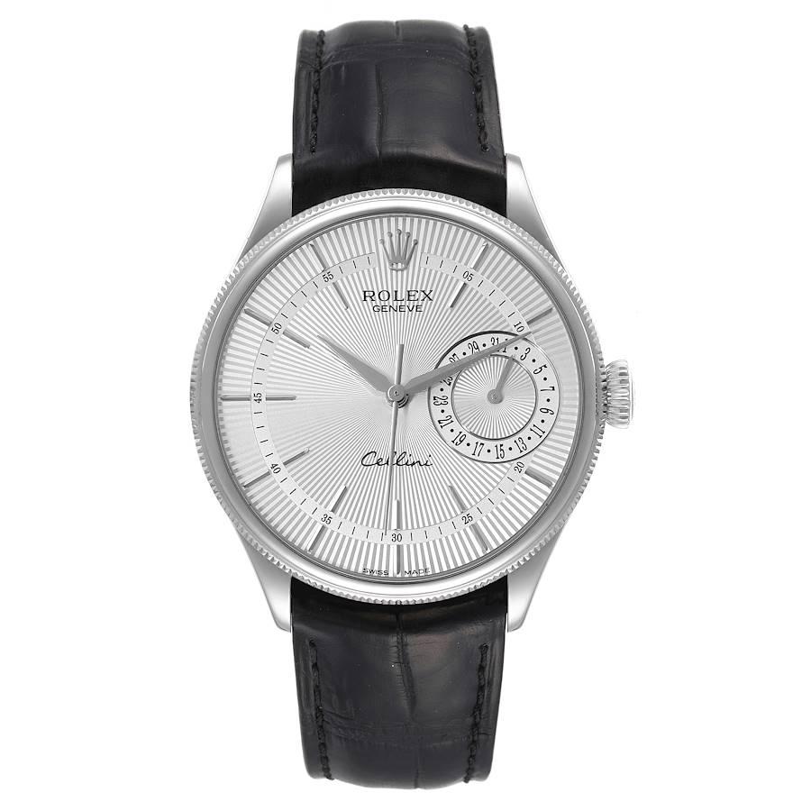 Rolex Cellini Date 18K Weißgold Silber Zifferblatt Automatik Herrenuhr 50519. Automatisches Uhrwerk mit Selbstaufzug. Offiziell zertifizierter Schweizer Chronometer (COSC). Paramagnetische blaue Parachrom-Spirale. Bidirektionaler Automatikaufzug