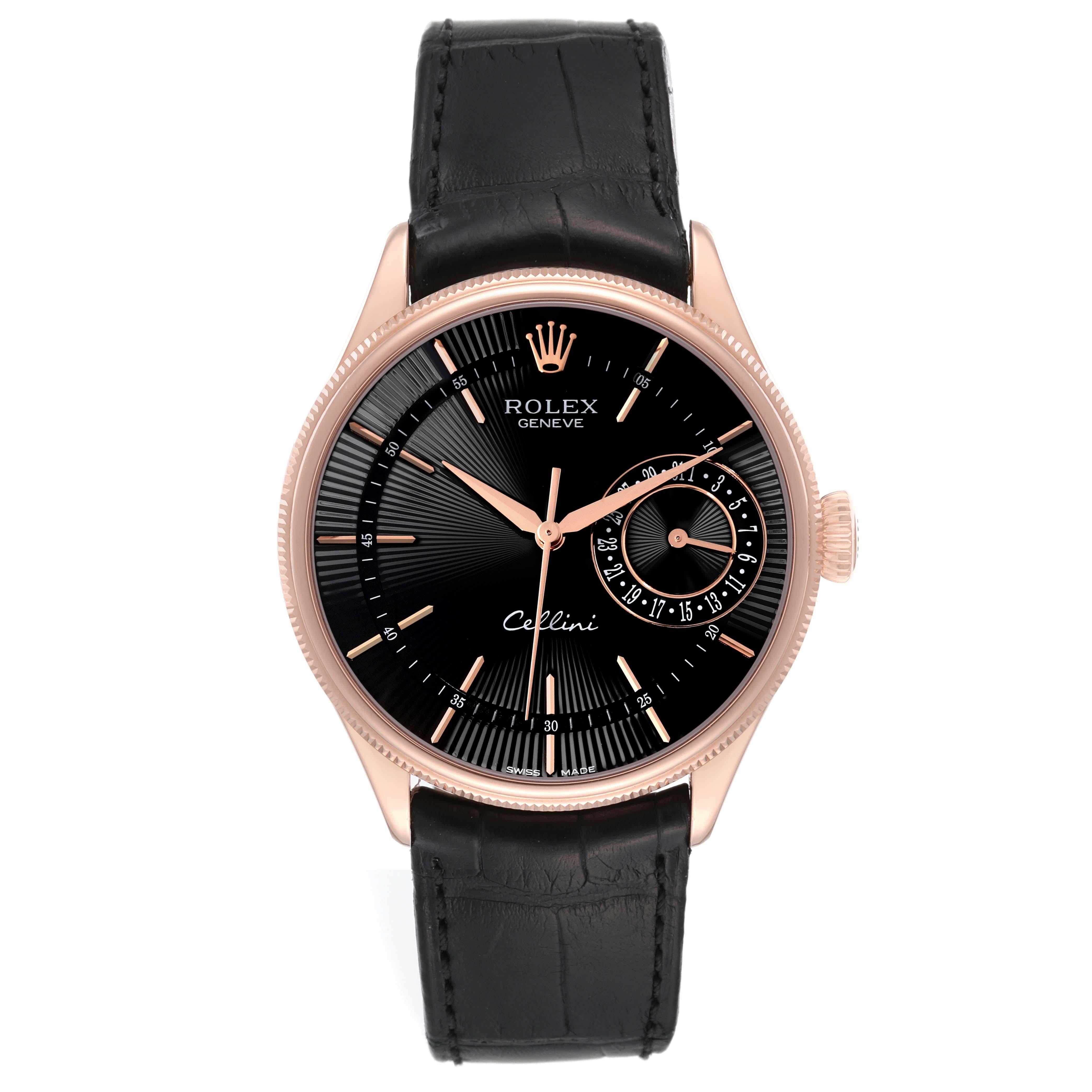Rolex Cellini Date Black Dial Rose Gold Automatic Mens Watch 50515 Card. Automatic self-winding movement. Officially certified Swiss chronometer (COSC). Paramagnetic blue Parachrom hairspring. Bidirectional self-winding via Perpetual rotor. 18K rose
