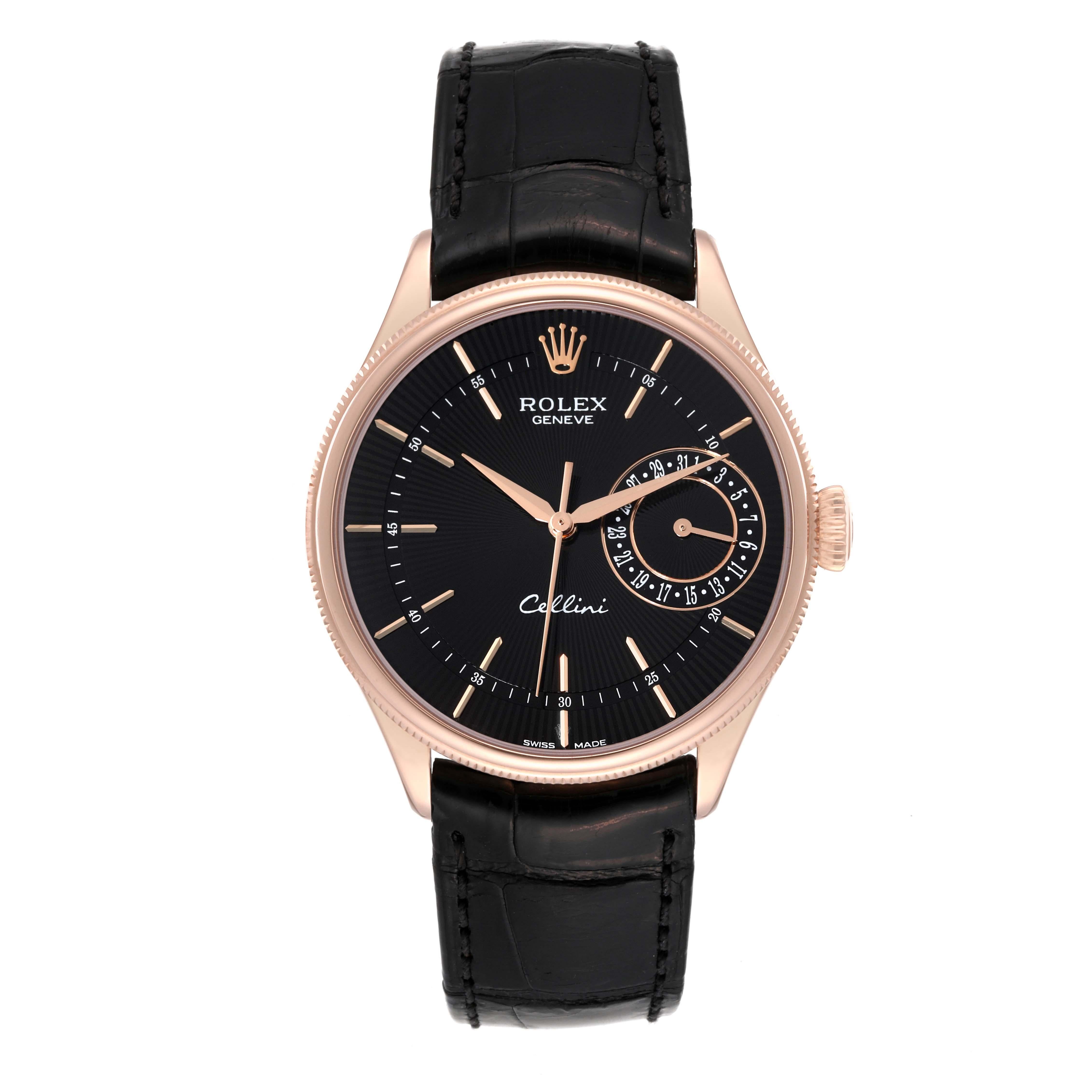 Rolex Cellini Date Esfera Negra Oro Rosa Reloj Automático 50515. Movimiento automático de cuerda automática. Cronómetro suizo con certificación oficial (COSC). Espiral Parachrom azul paramagnética. Automático bidireccional mediante rotor Perpetuo.