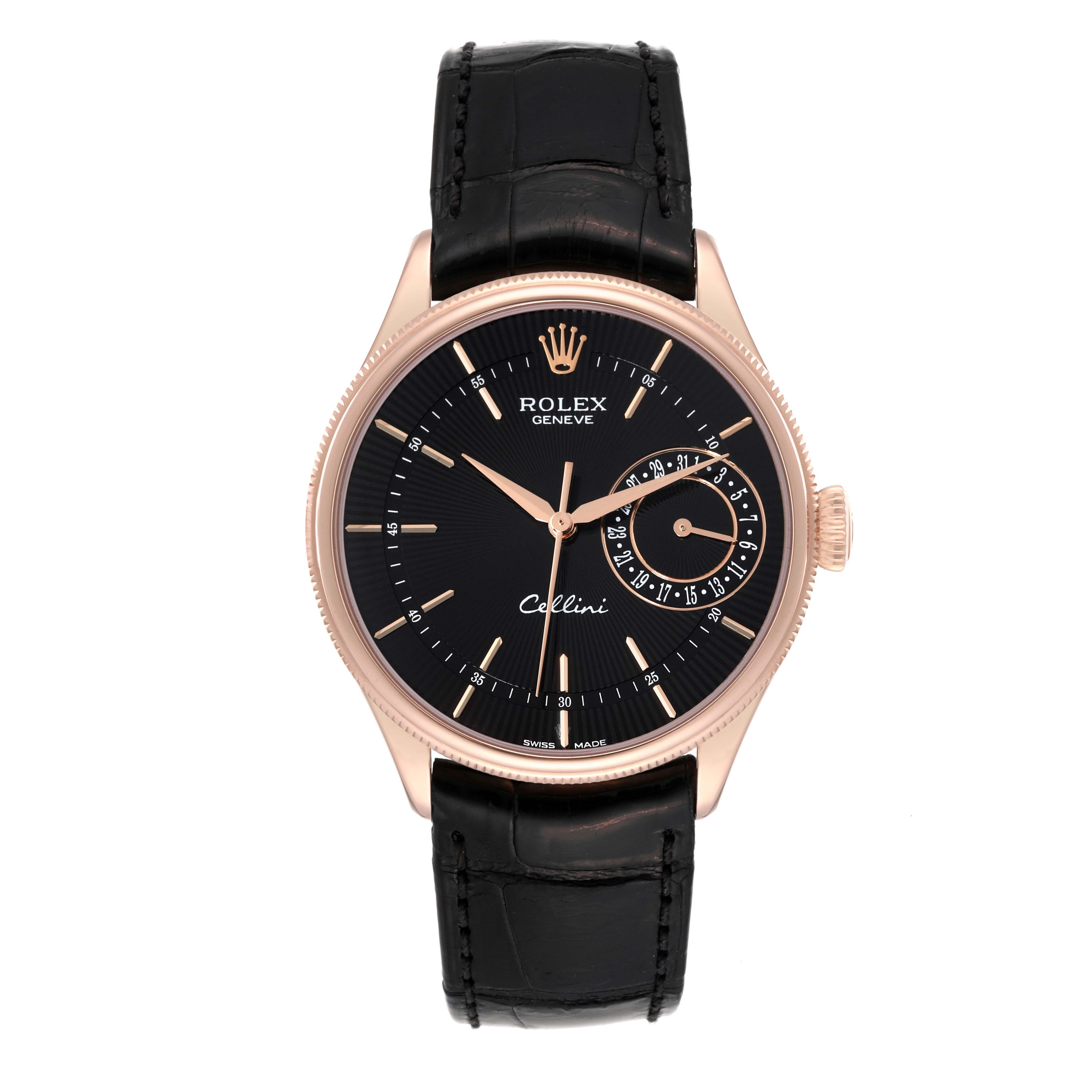 Rolex Cellini Date Black Dial Rose Gold Automatic Mens Watch 50515. Automatic self-winding movement. Officially certified Swiss chronometer (COSC). Paramagnetic blue Parachrom hairspring. Bidirectional self-winding via Perpetual rotor. 18K rose gold