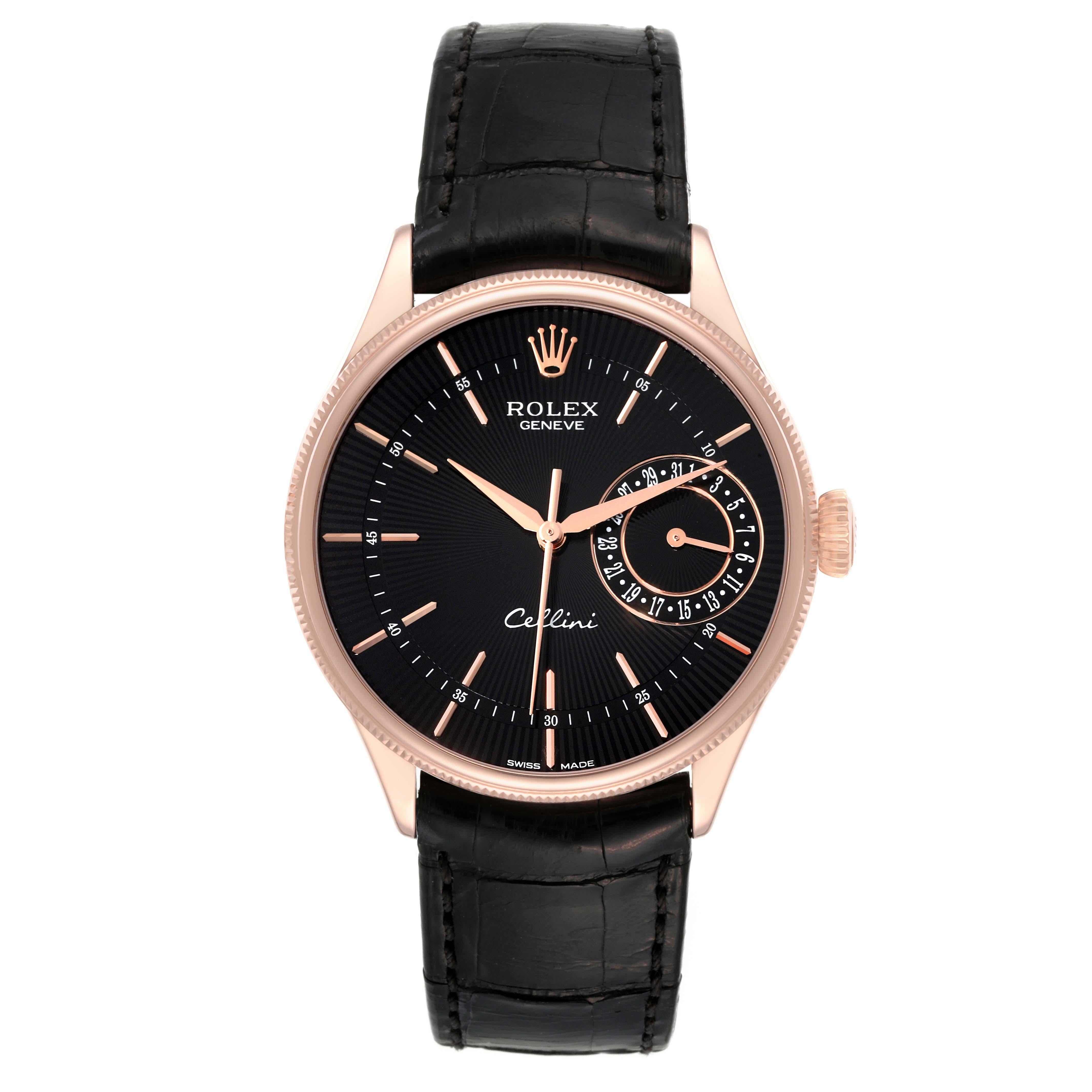 Rolex Cellini Date Everose Gold Black Dial Automatic Mens Watch 50515 Box Card. Automatic self-winding movement. Officially certified Swiss chronometer (COSC). Paramagnetic blue Parachrom hairspring. Bidirectional self-winding via Perpetual rotor.