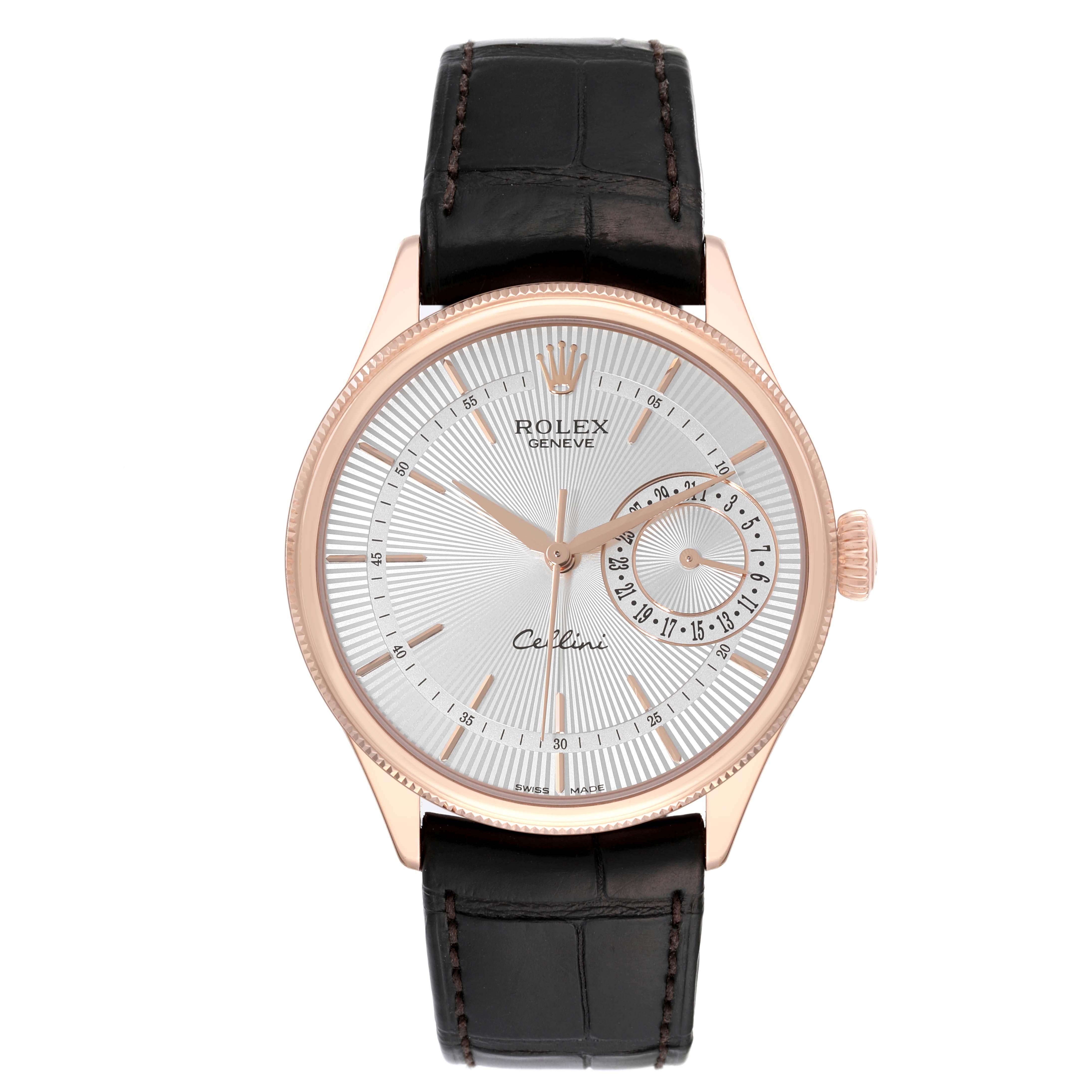 Rolex Cellini Date Rose Gold Silver Dial Mens Watch 50515. Automatic self-winding movement. Officially certified Swiss chronometer (COSC). Paramagnetic blue Parachrom hairspring. Bidirectional self-winding via Perpetual rotor. 18K rose gold round