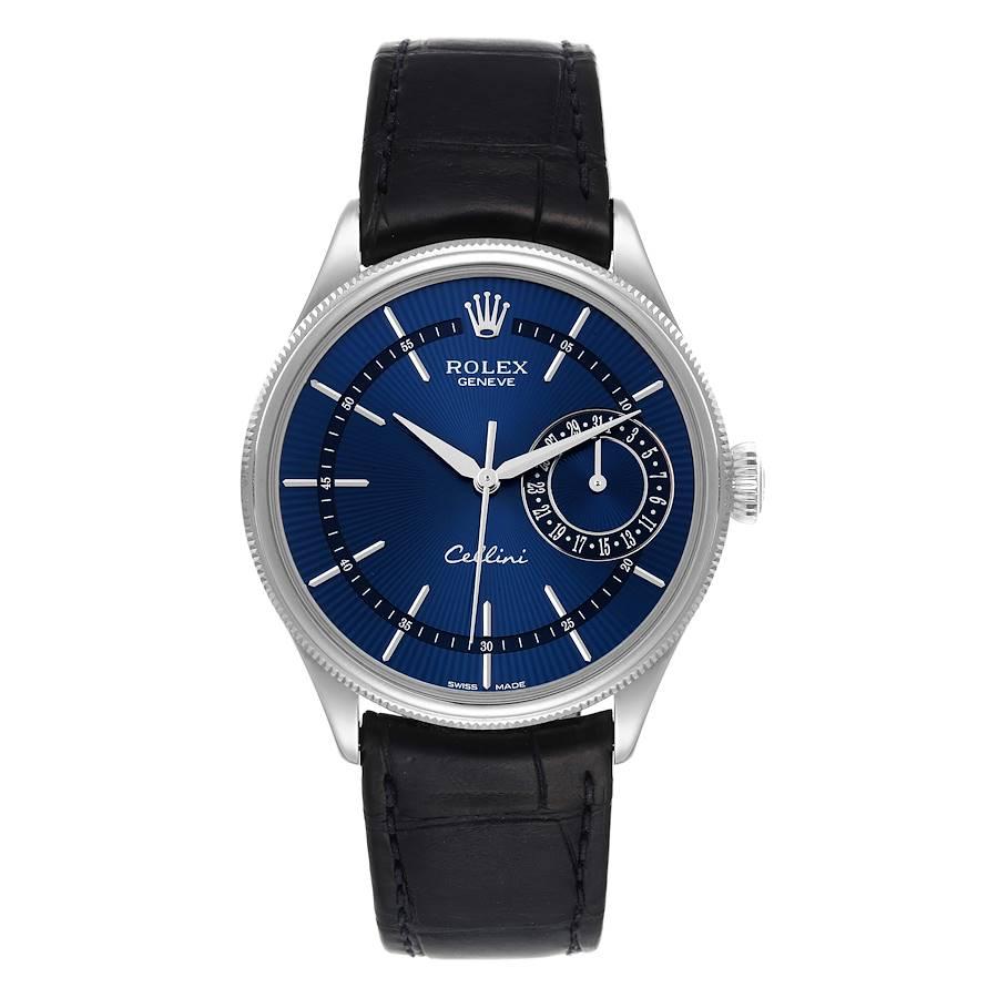 Rolex Cellini Date White Gold Blue Dial Mens Watch 50519 Box Card. Automatic self-winding movement. Officially certified Swiss chronometer (COSC). Paramagnetic blue Parachrom hairspring. Bidirectional self-winding via Perpetual rotor. 18K white gold