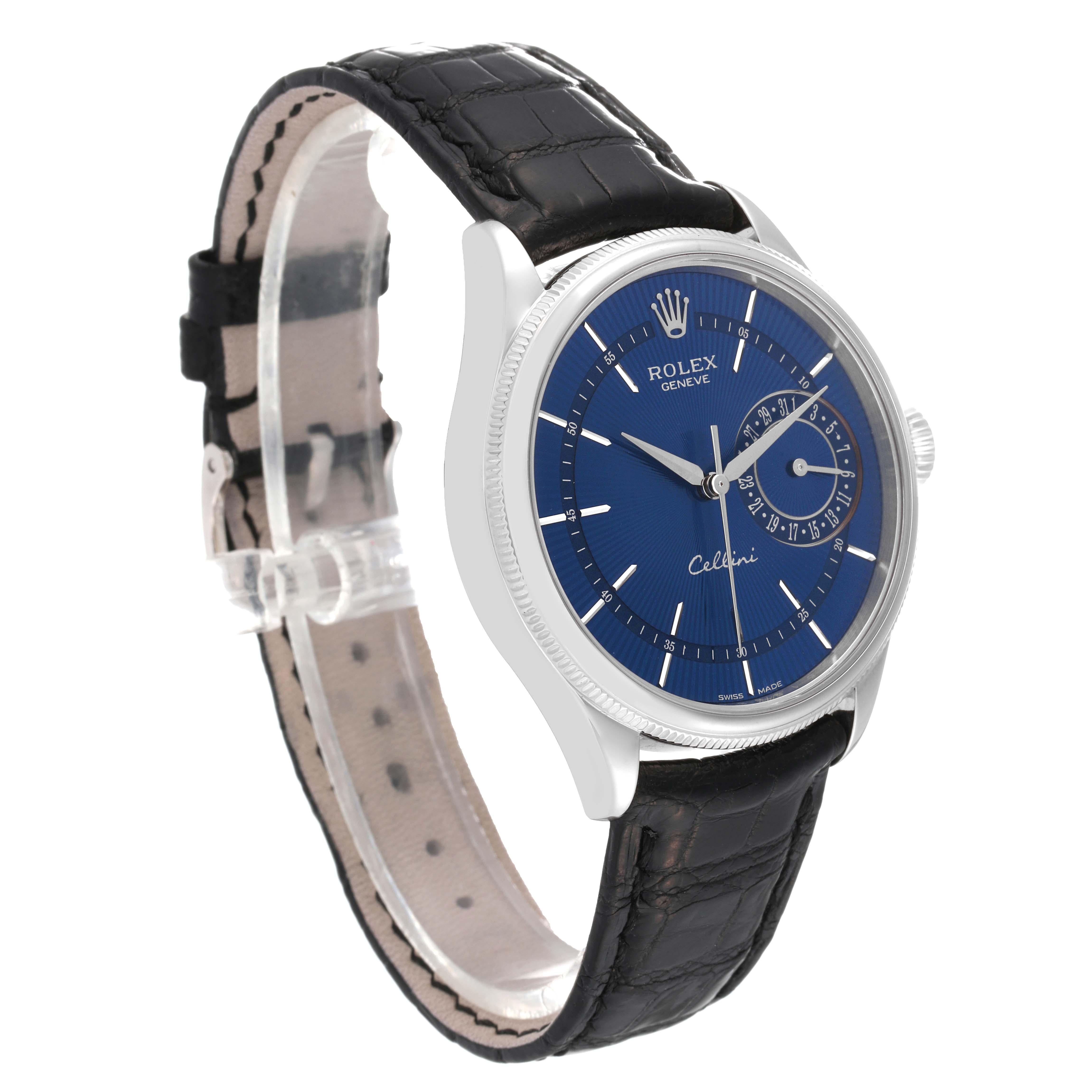 Rolex Cellini Date White Gold Blue Dial Mens Watch 50519 Card In Excellent Condition In Atlanta, GA