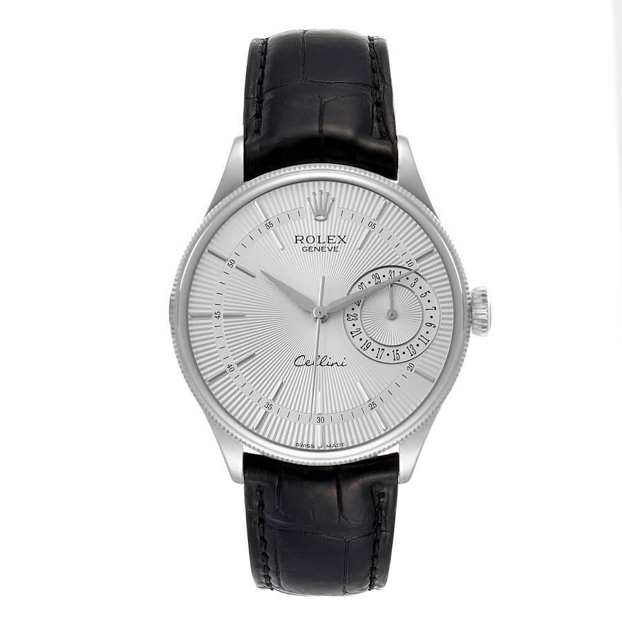 Rolex Cellini Date White Gold Silver Dial Automatic Mens Watch 50519. Automatic self-winding movement. Officially certified Swiss chronometer (COSC). Paramagnetic blue Parachrom hairspring. Bidirectional self-winding via Perpetual rotor. 18K white