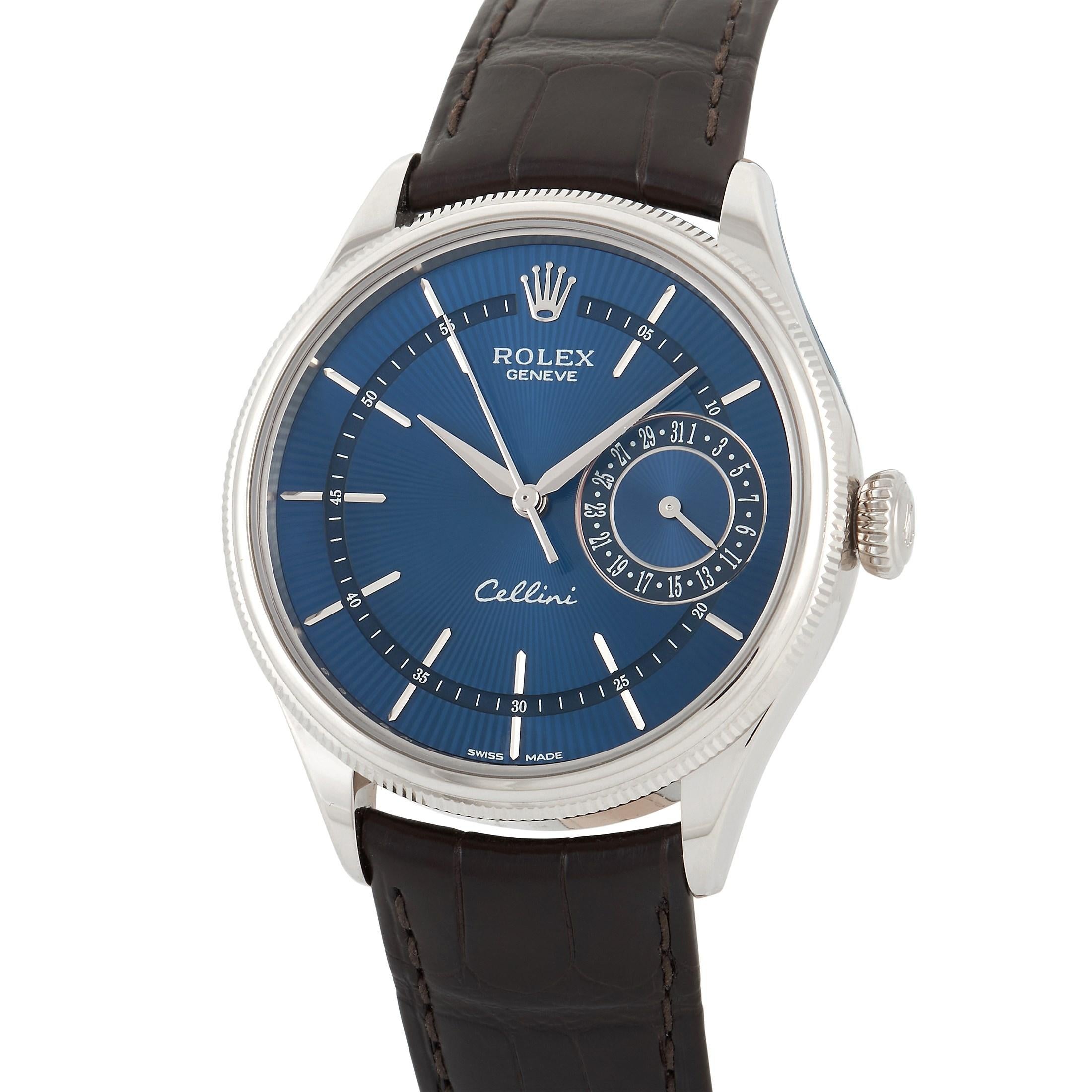 An exquisite dress watch for men, the Rolex Cellini Date White Gold 50519 embodies the luxury brand's attention to detail and fine craftsmanship. This gorgeous timepiece features an 18K white gold case, a two-tier white gold bezel, and a blue