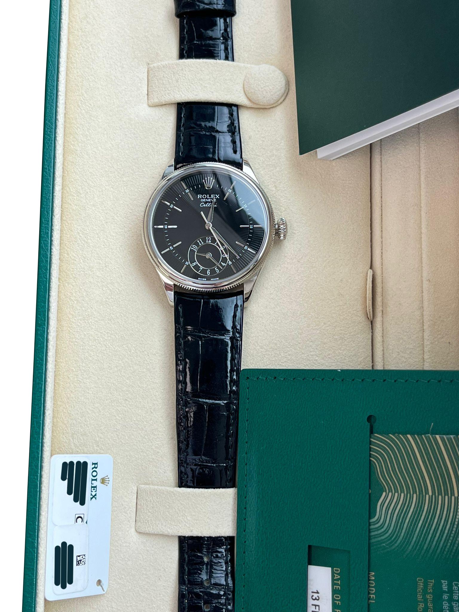 Rolex Cellini Dual Time 18K White Gold Black Dial Automatic Watch 50529 In New Condition For Sale In Aventura, FL