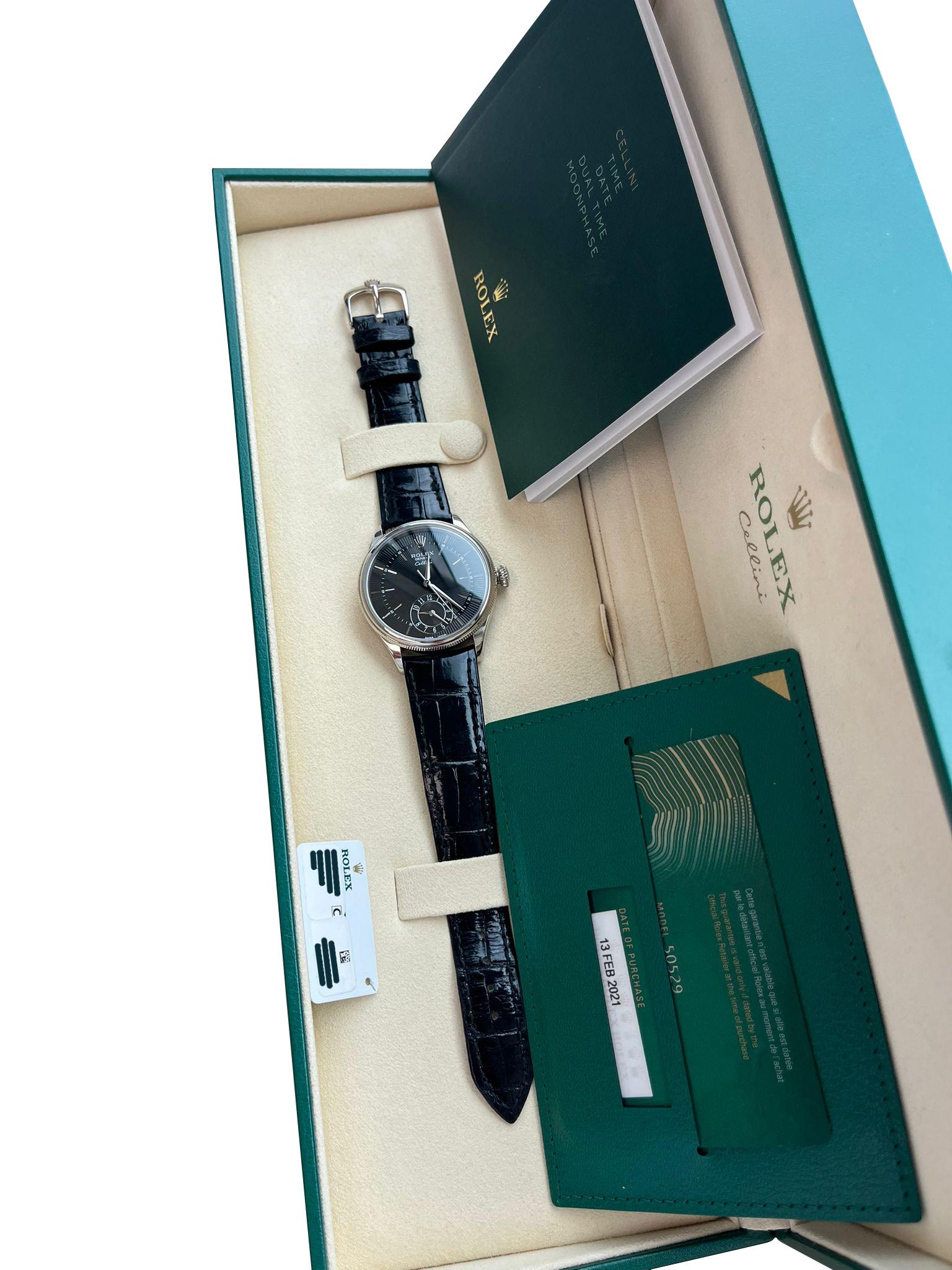 Women's or Men's Rolex Cellini Dual Time 18K White Gold Black Dial Automatic Watch 50529 For Sale