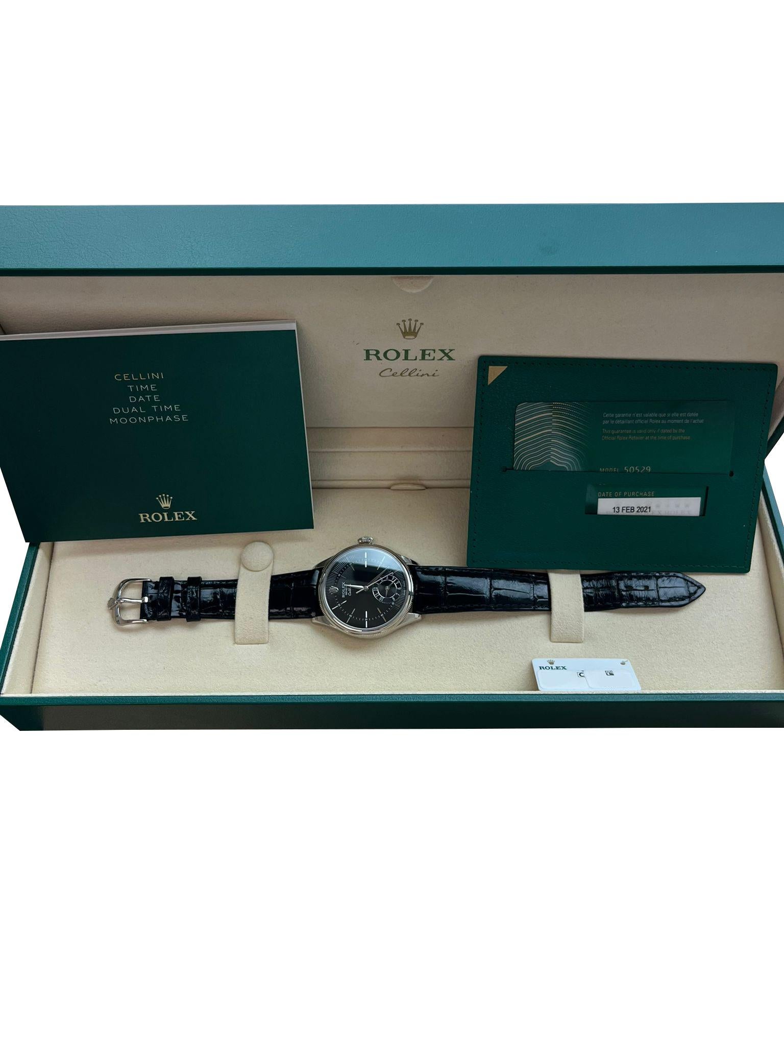 Rolex Cellini Dual Time 18K White Gold Black Dial Automatic Watch 50529 For Sale 1