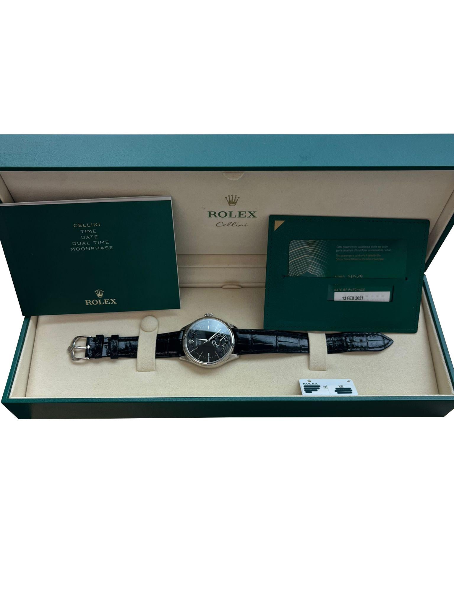 Rolex Cellini Dual Time 18K White Gold Black Dial Automatic Watch 50529 For Sale 2