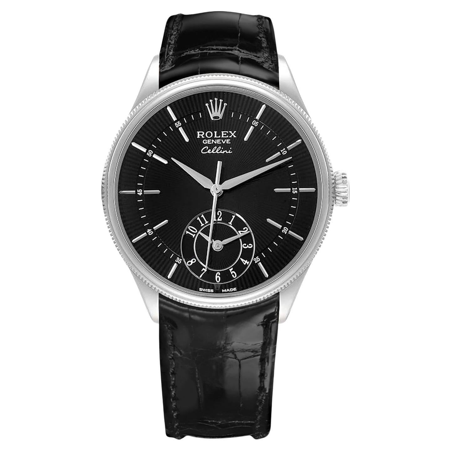 Rolex Cellini Dual Time 18K White Gold Black Dial Automatic Watch 50529 For Sale