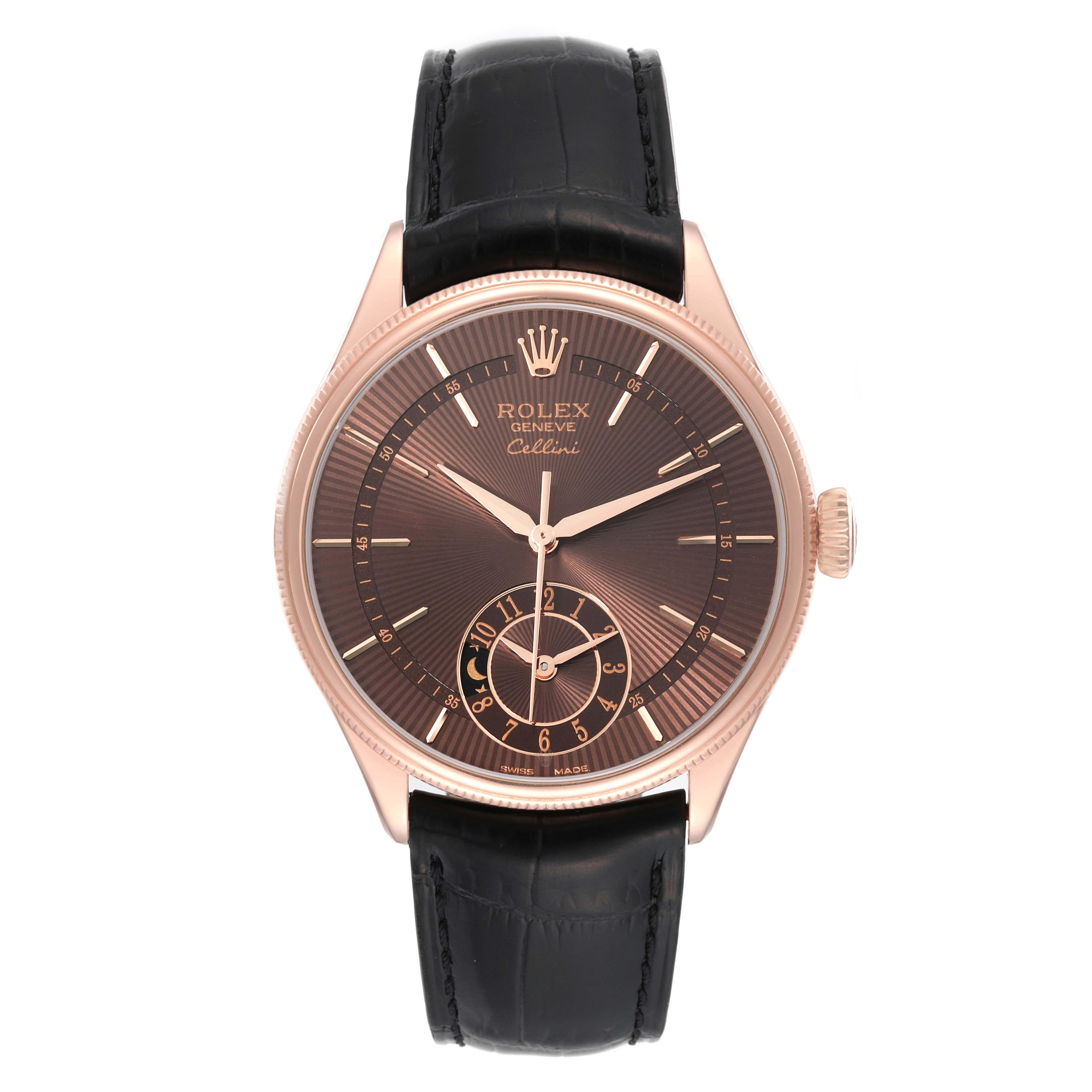 Rolex Cellini Dual Time Brown Dial Rose Gold Automatic Mens Watch 50525. Automatic self-winding movement. Officially certified Swiss chronometer (COSC). Paramagnetic blue Parachrom hairspring. Bidirectional self-winding via Perpetual rotor. 18K rose